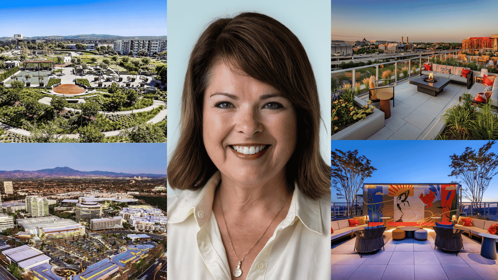 Compilation of photos: aerial view of LBA Realty Park in Irvine, CA; rooftop view of Lowe, Gallery 64 in Washington, DC; and headshot of Brenna Walraven.
