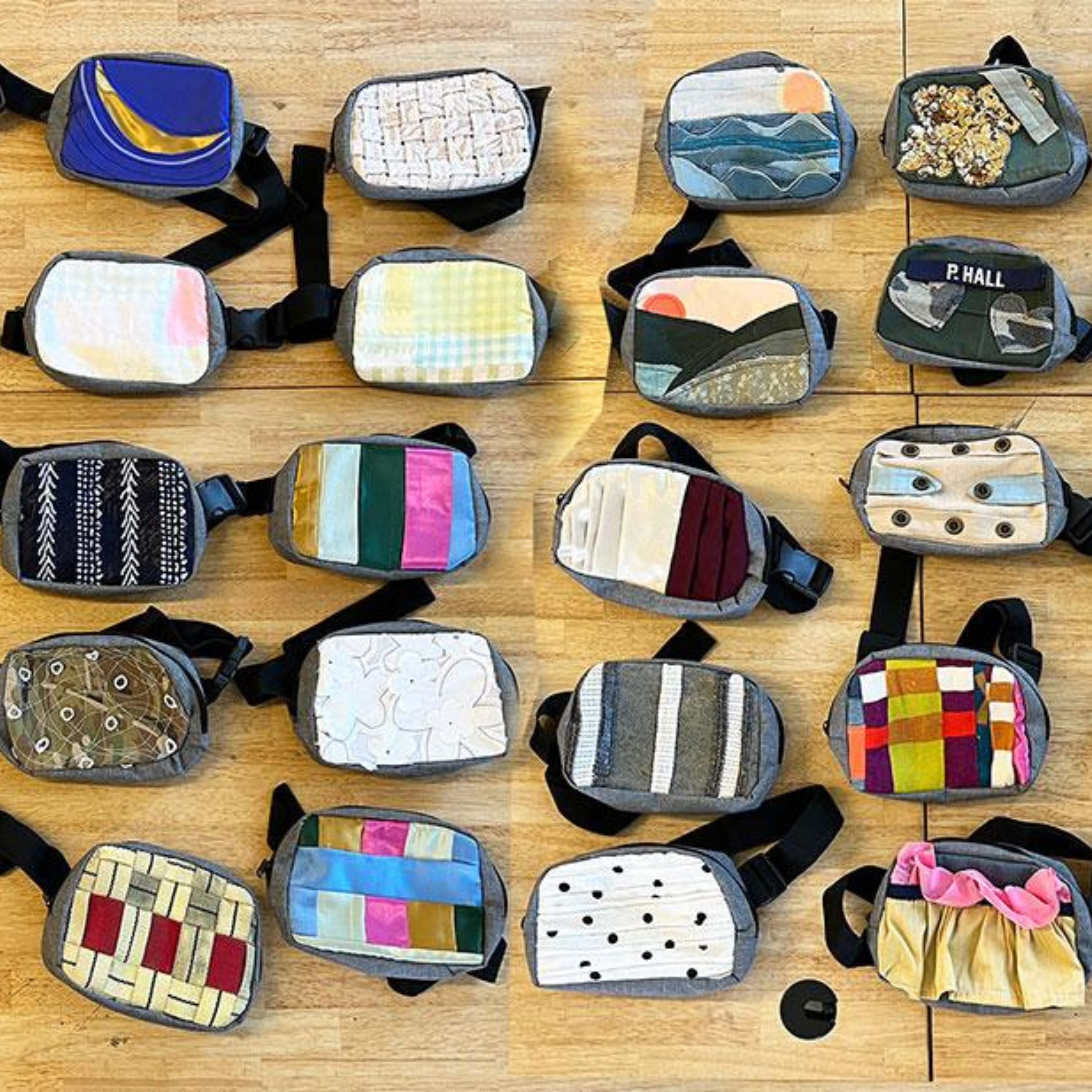 Fanny packs made from reclaimed materials in Prof. Dunn's textiles lab