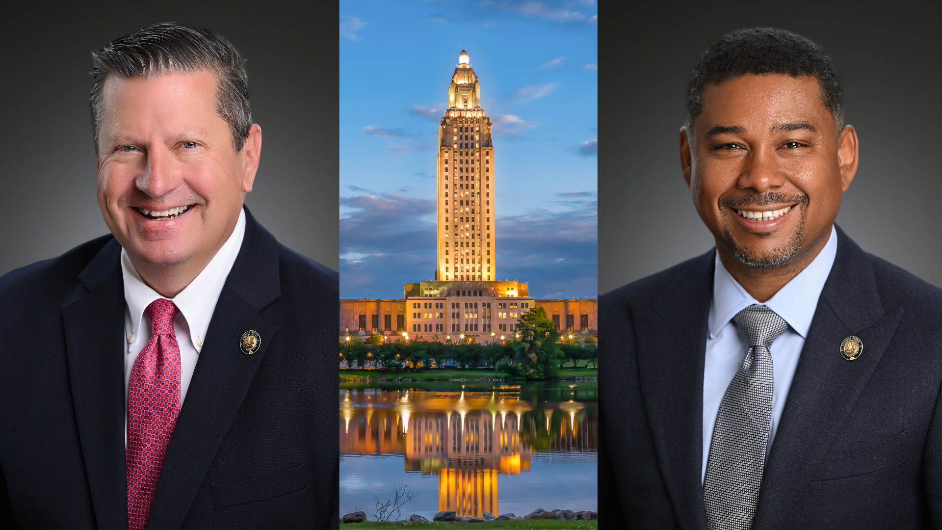 Composite of three photos: Headshots of Senators Patrick Connick and Gary Carter Jr. and a nighttime view of the Louisiana State Capitol Building.