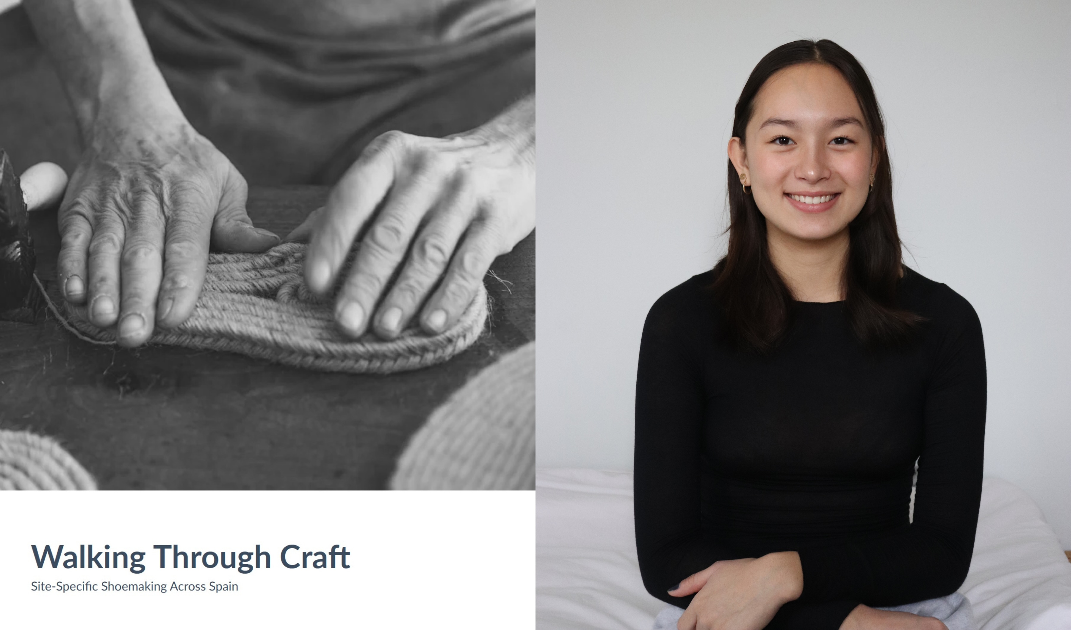 A headshot of Anja Li and a picture of a person making shoes in Spain