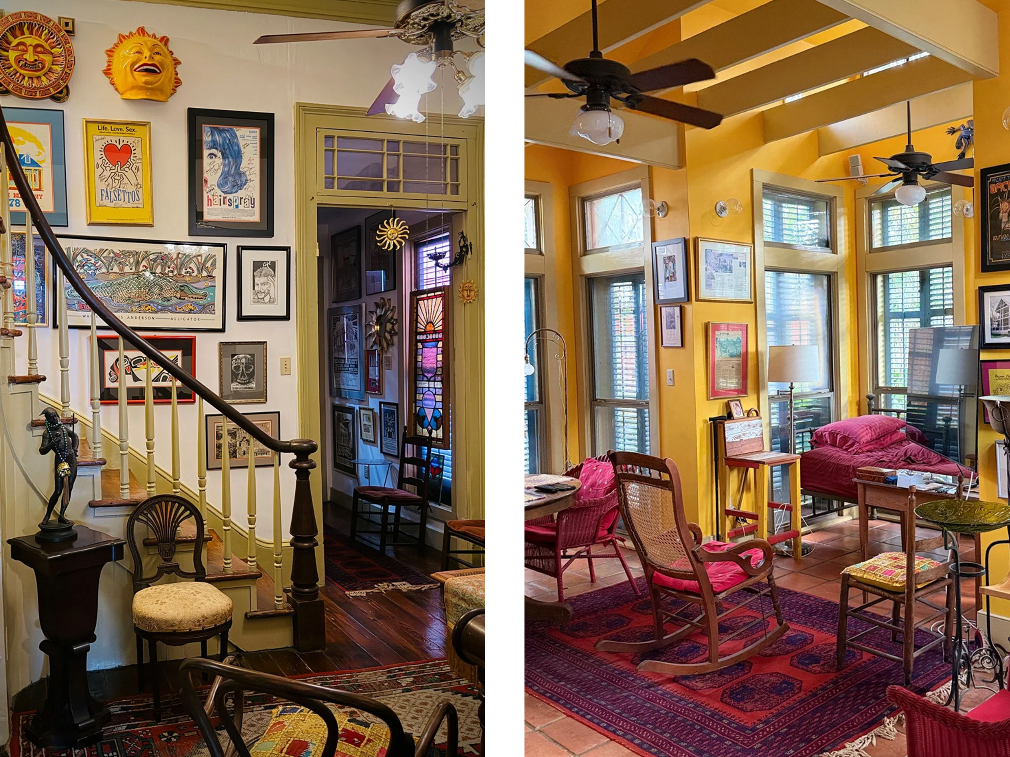 Two photos showing the interior of Gene Cizek's home. The interior style is eclectic, with a gallery photo wall above the stairs in the left picture, and yellow walls walls in the right picture.