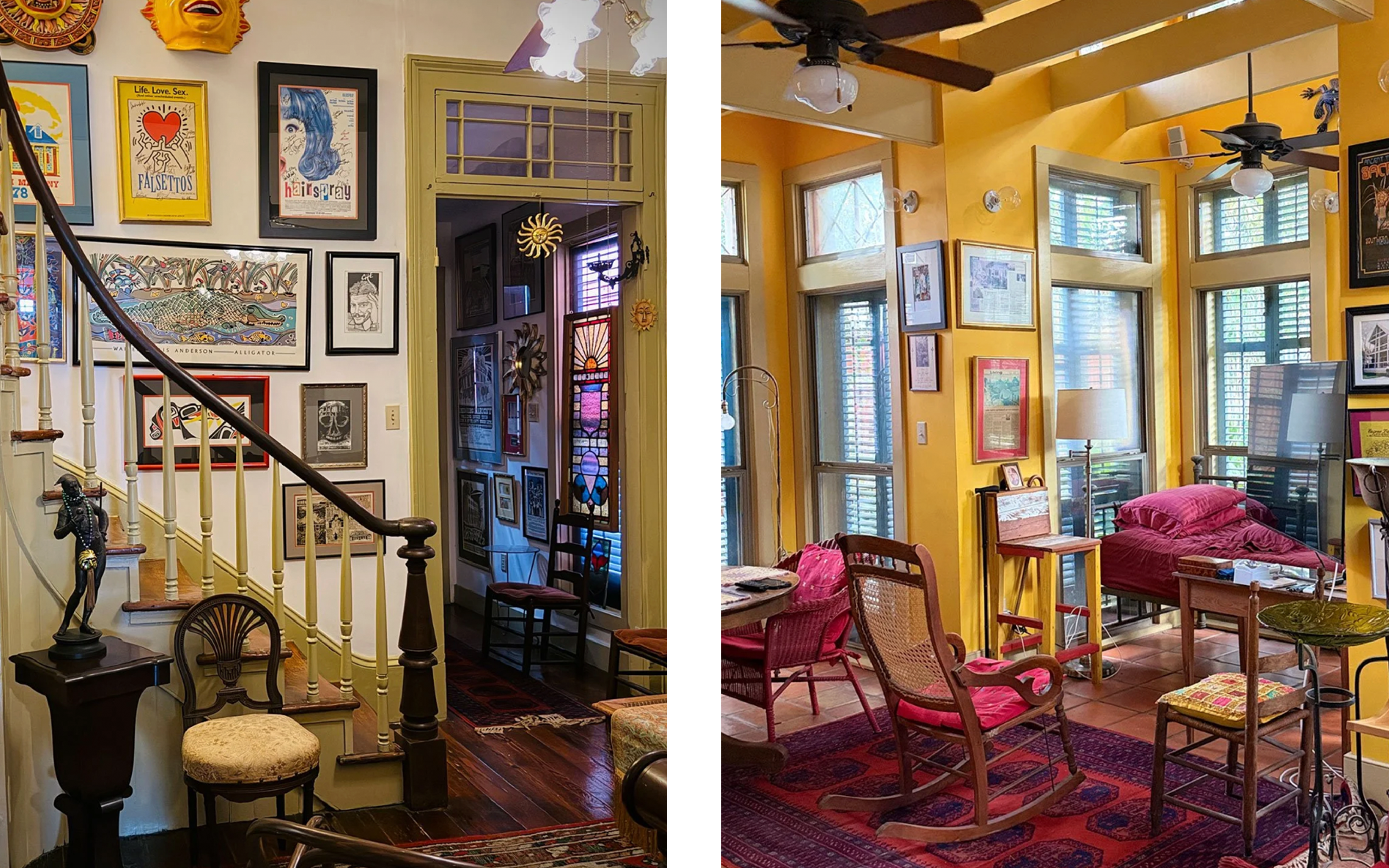 Two photos showing the interior of Gene Cizek's home. The interior style is eclectic, with a gallery photo wall above the stairs in the left picture, and yellow walls walls in the right picture.