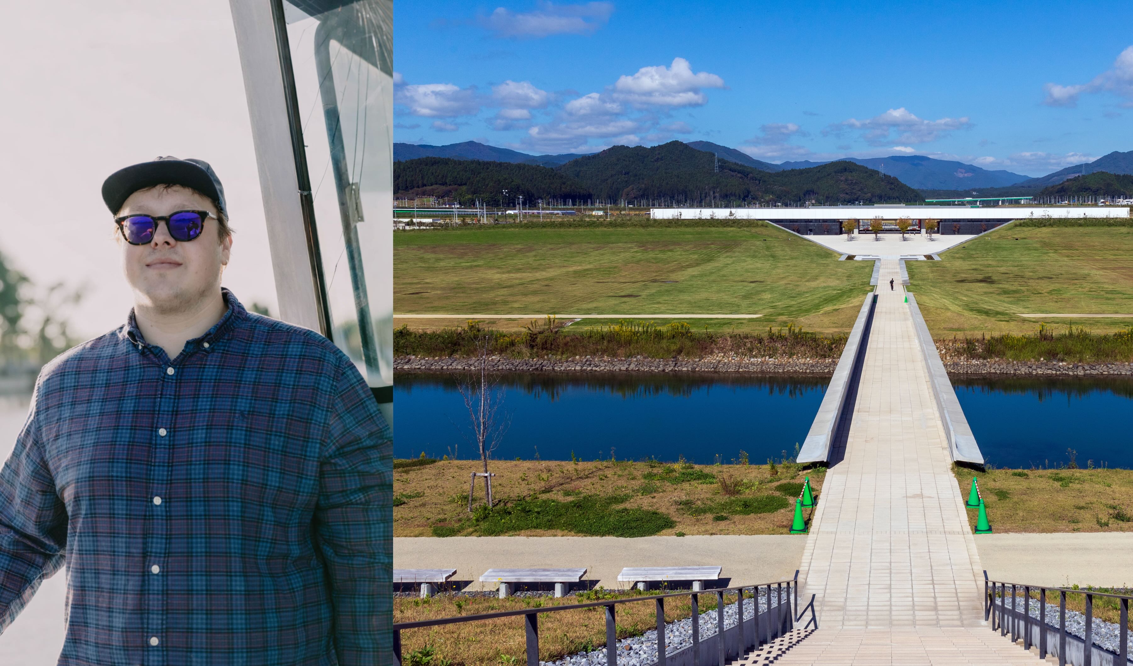 A student to the left and an image of a landbridge in Japan