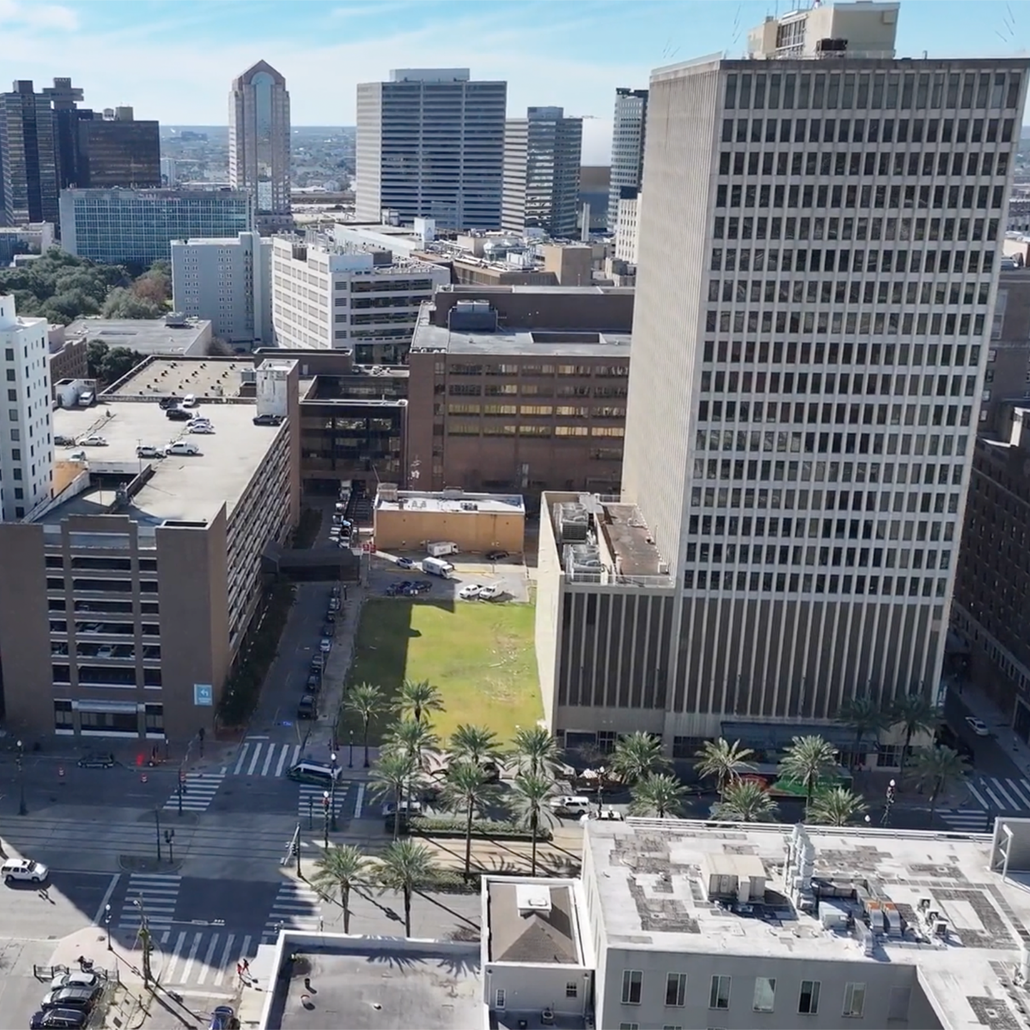 Aerial view of canal street buildings