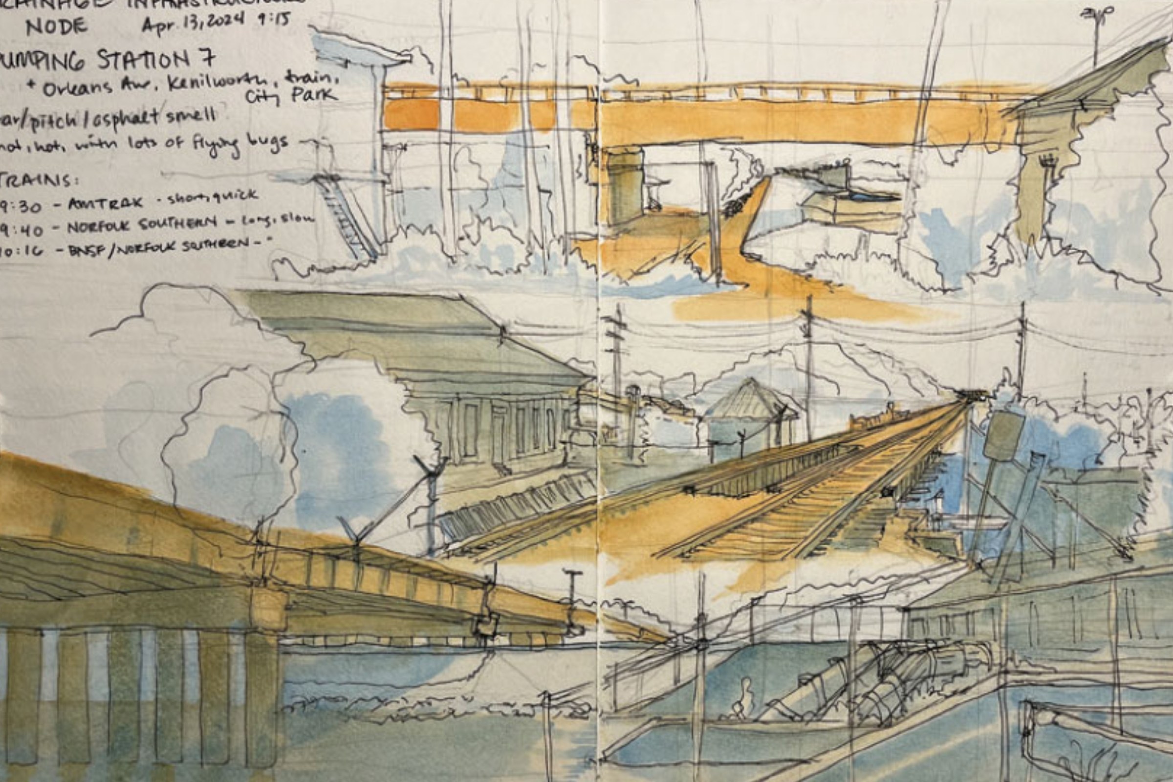 Sketchbook drawing of bridge and railroad track in New Orleans