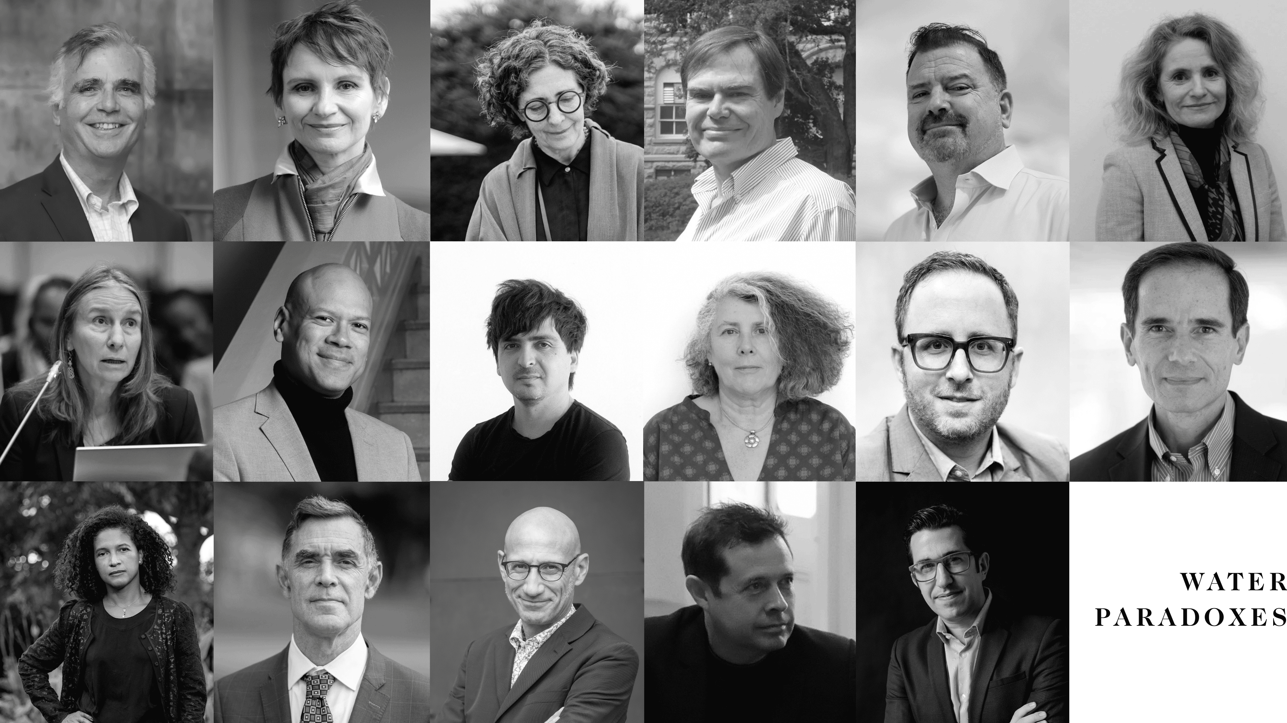 Headshots of 15 people who are speakers at the Water Paradoxes Symposium on April 11, 2026.