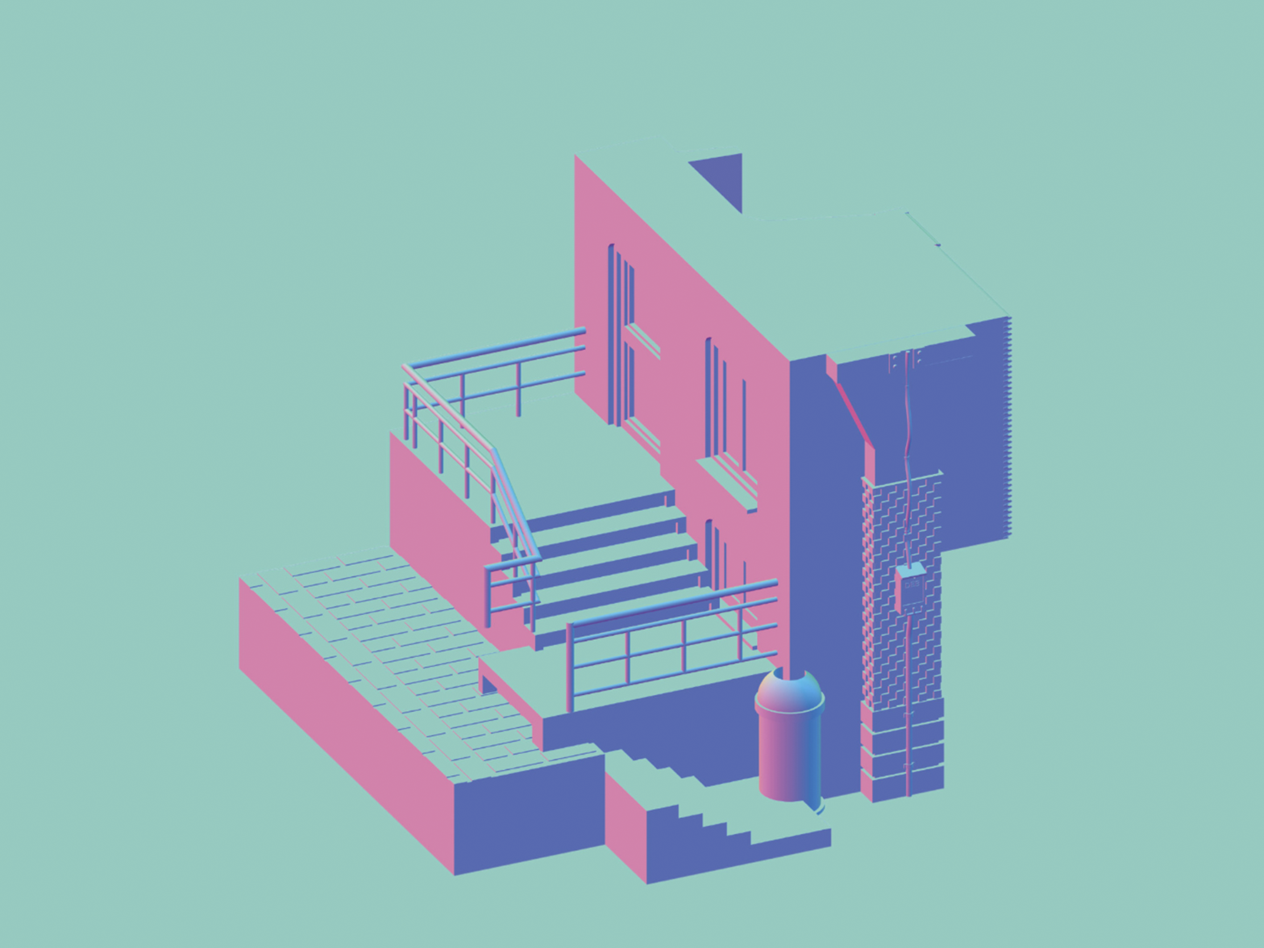 Digital rendering of building with turquoise background and shaded in pink and blue