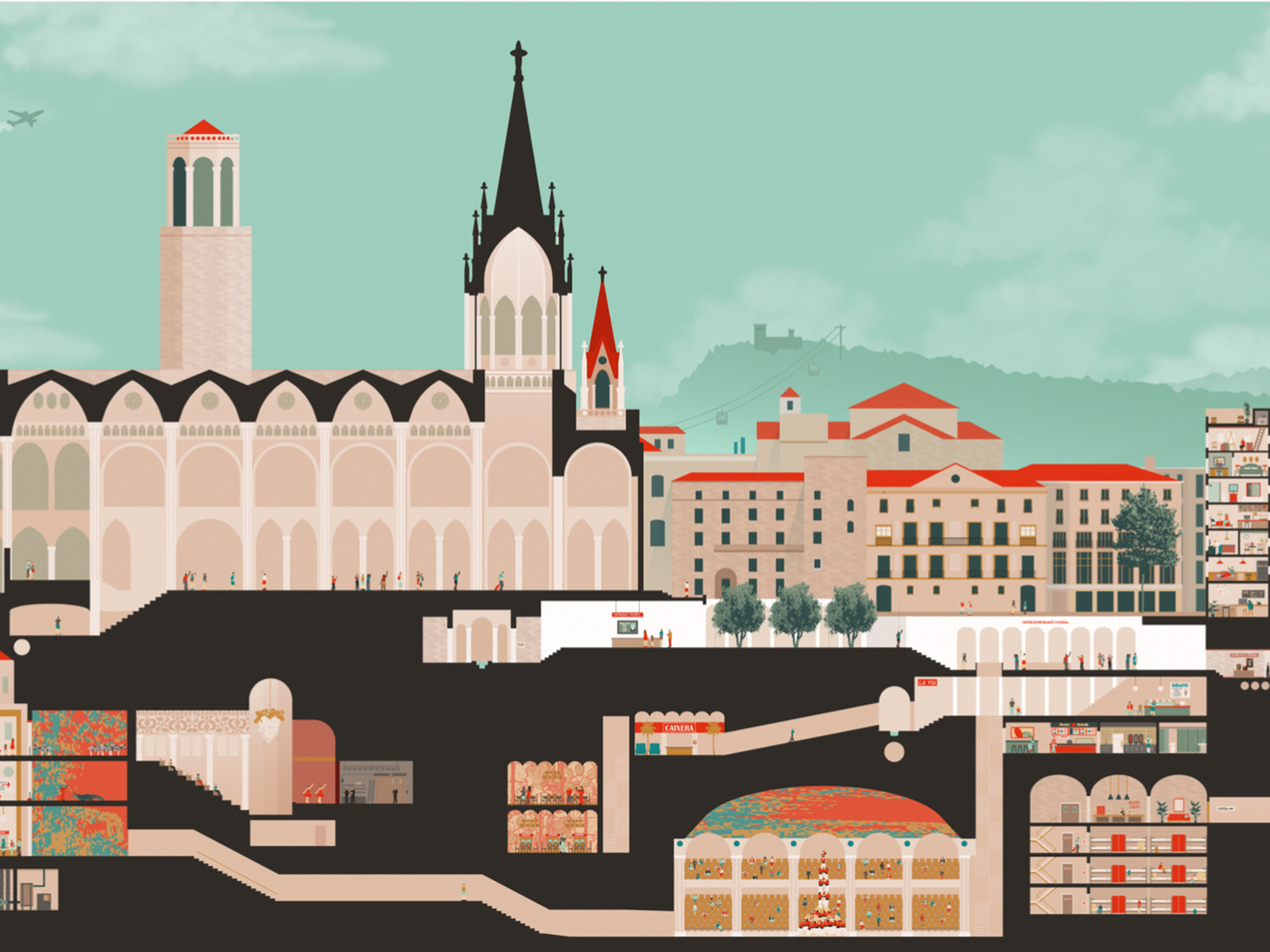 Colorful digital art of a cathedral and buildings around it