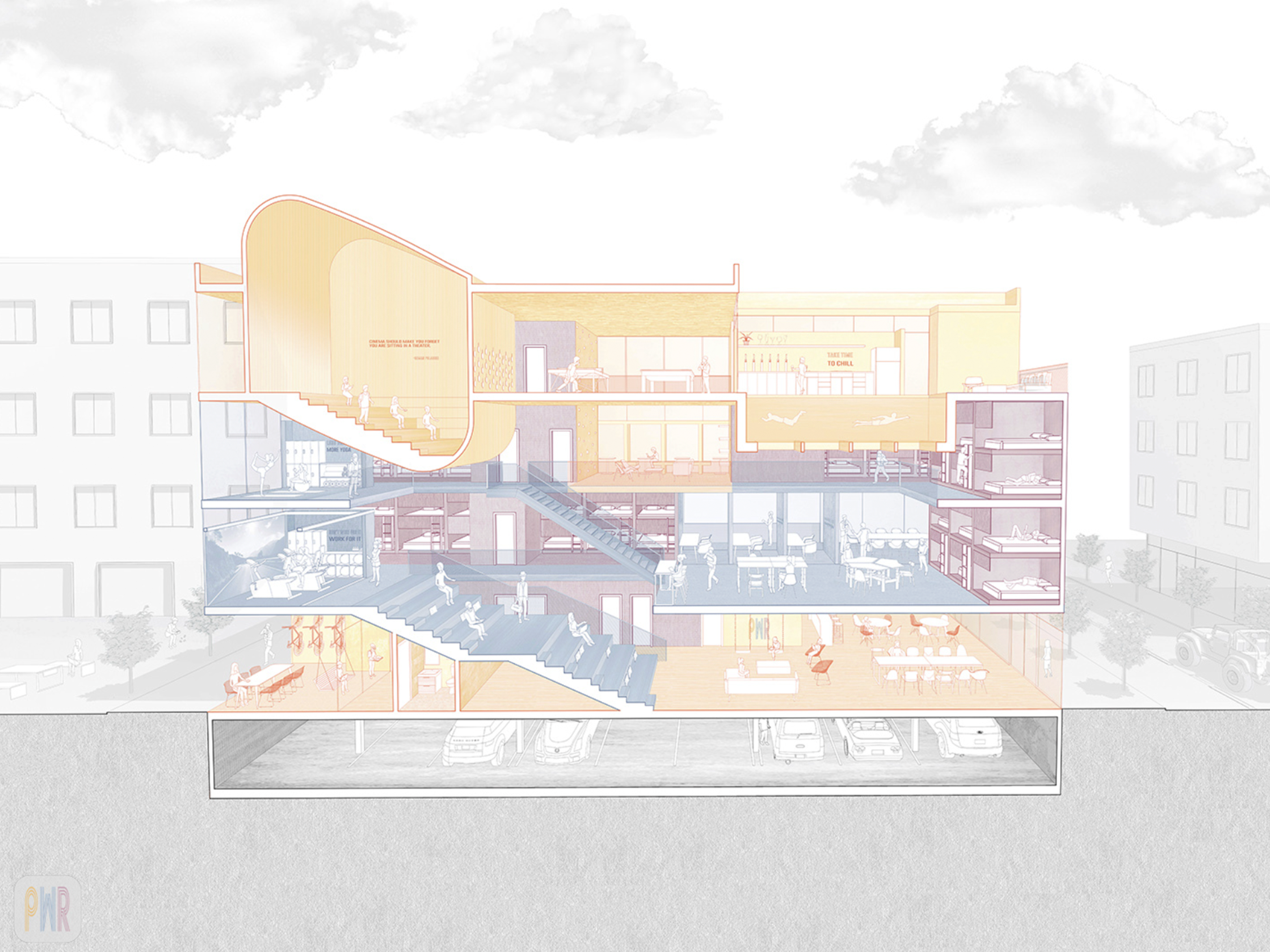 Digital rendering of complete building, showing inside of each floor in orange, blue, and pink