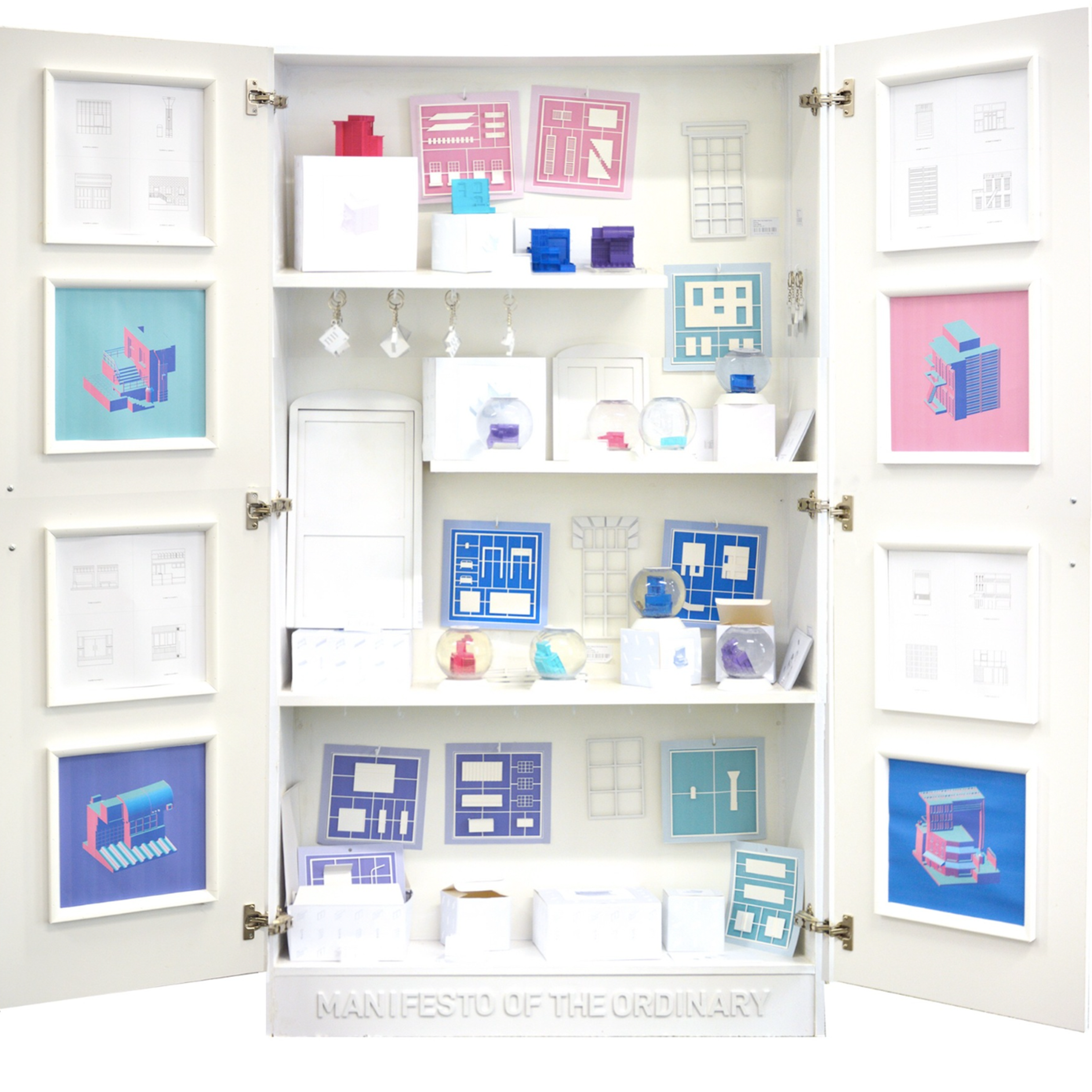 Elevation of a student's thesis exhibition, a white cabinet filled with images and models of work