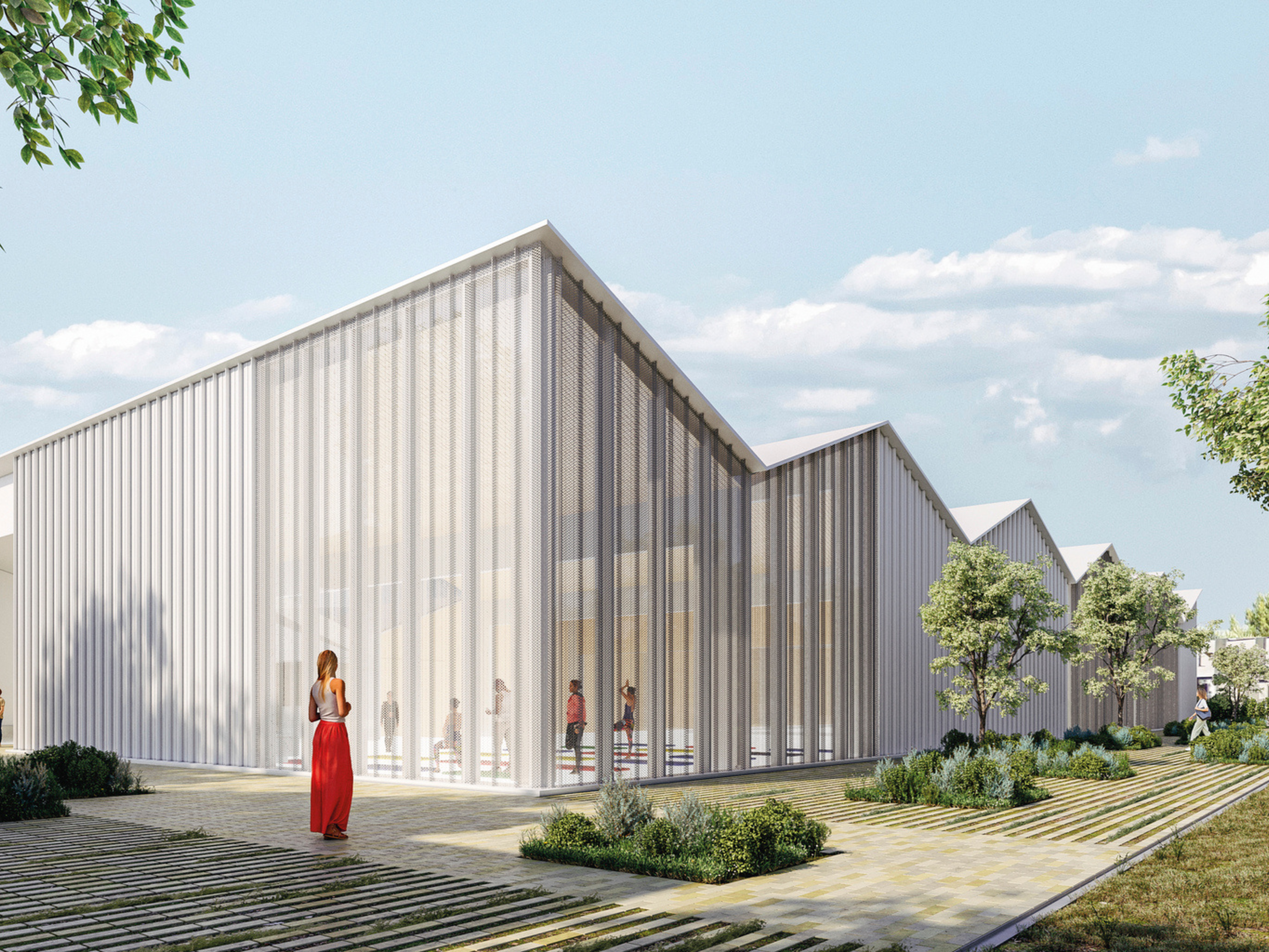 Outdoor render of a building cladded with transparent material.