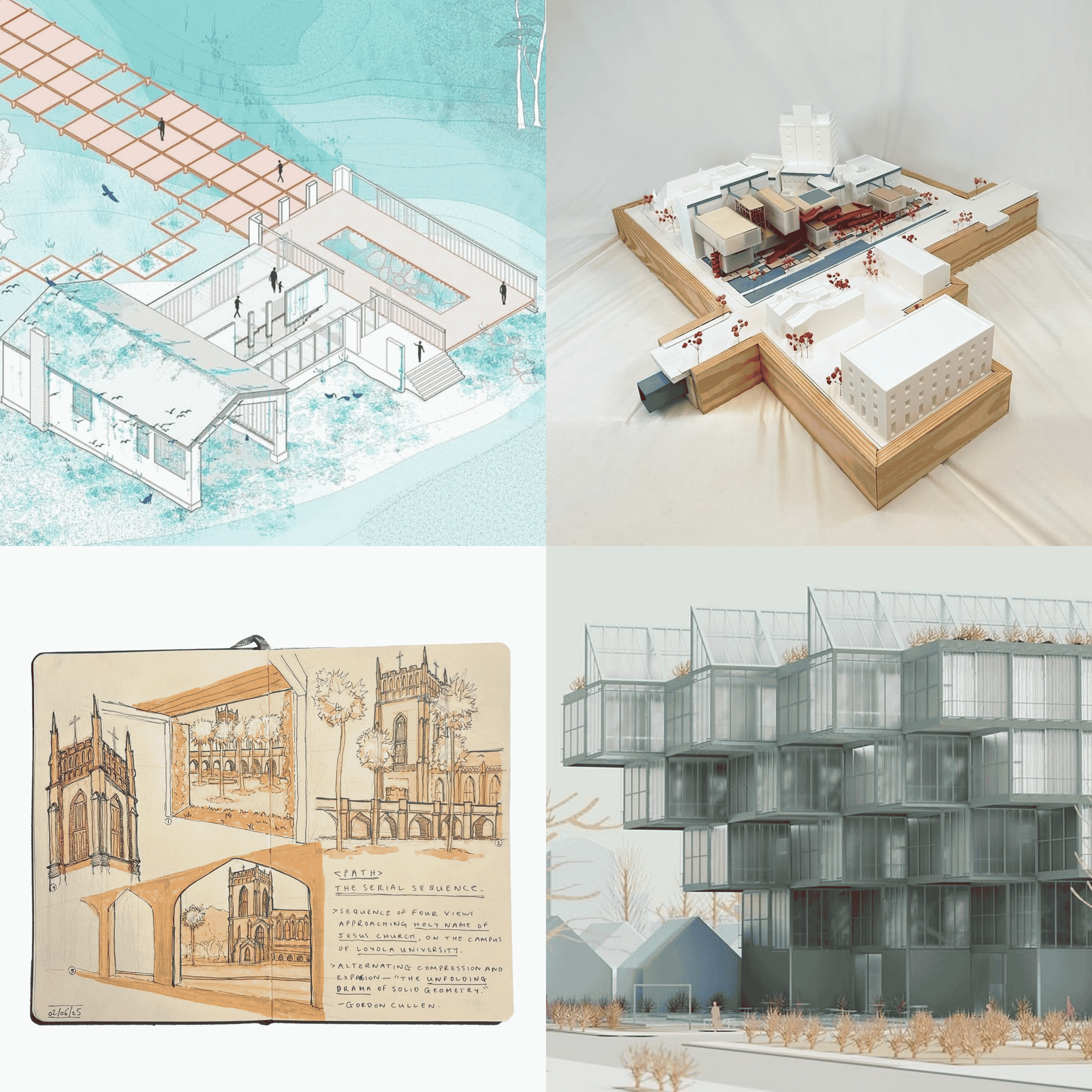 Four images of student work that won categories during the 2025 Summer Design Competition on Instagram, hosted by the school.