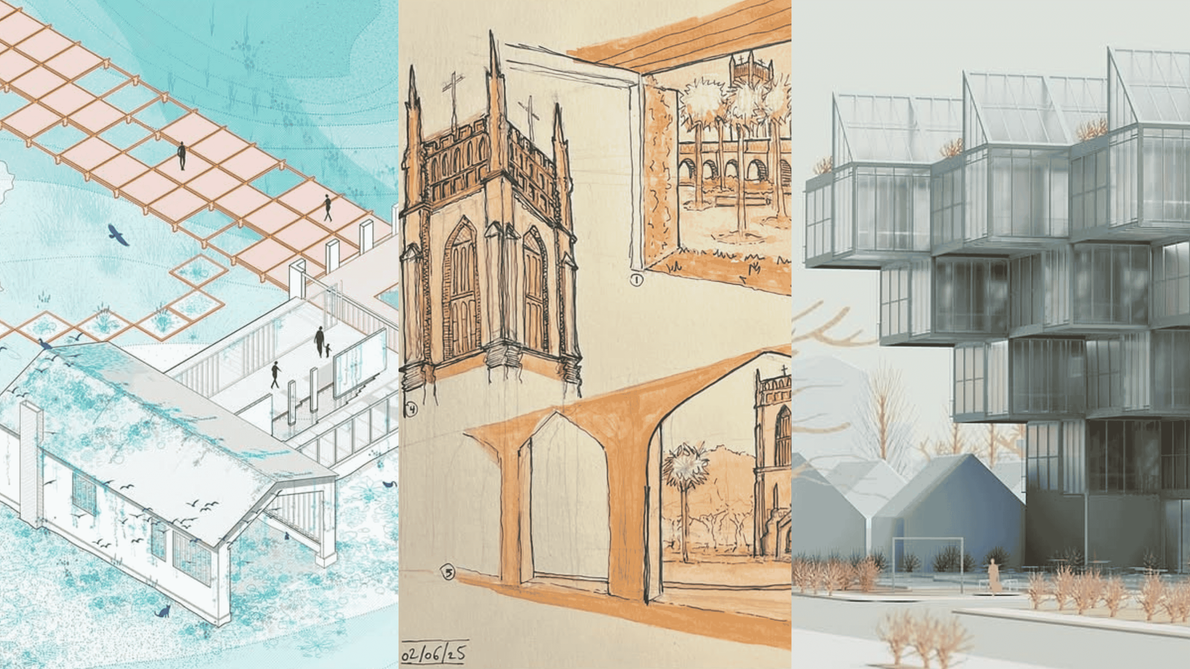 Three images of student work that won categories during the 2025 Summer Design Competition on Instagram, hosted by the school.