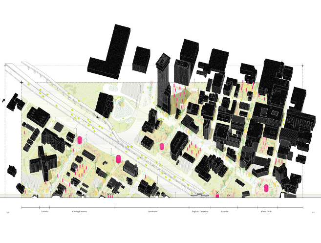 oblique drawing of a city. Buildings are black while landscape is colorful.
