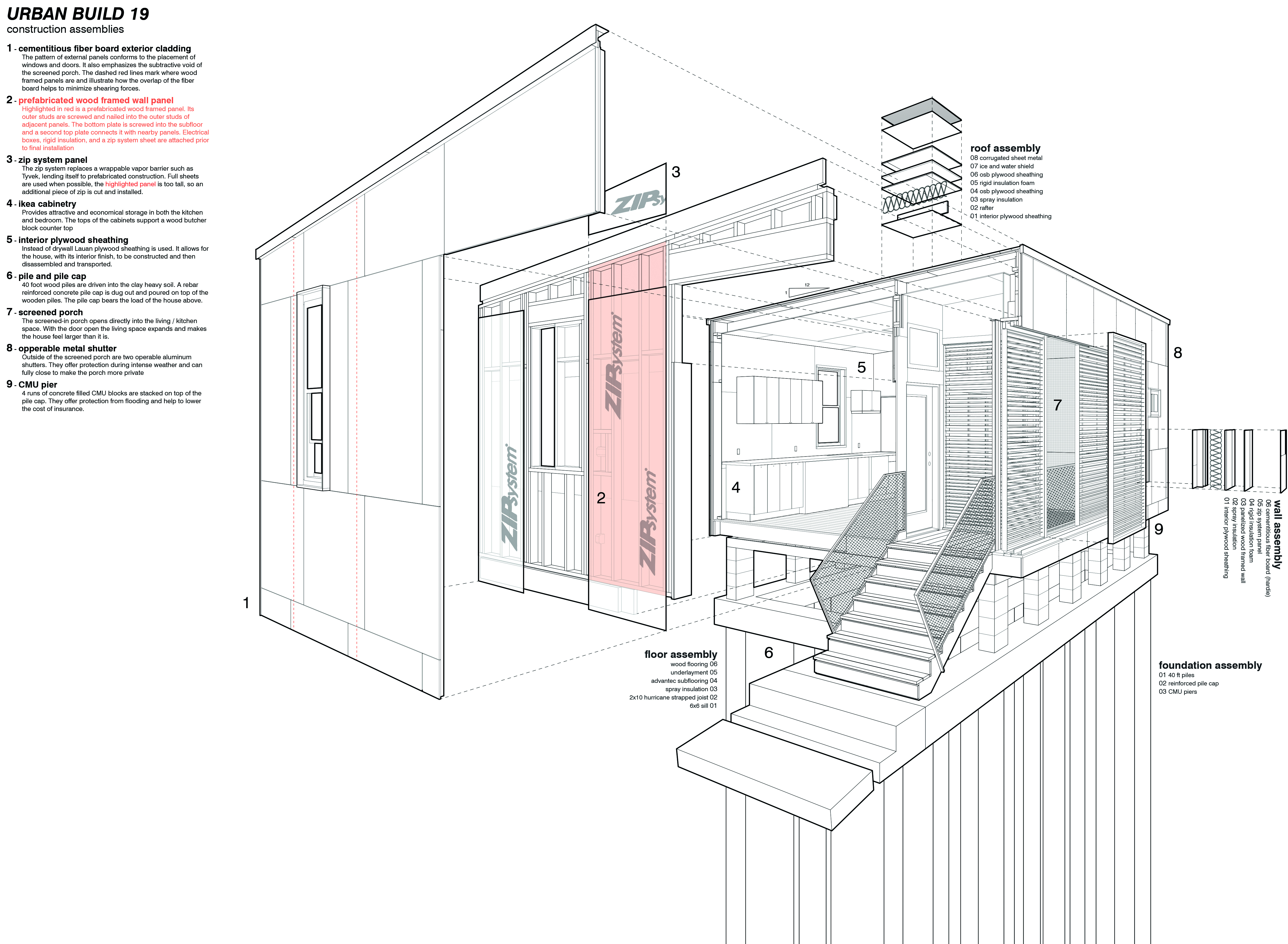 expoded perspective of a house with walls construction taken apart