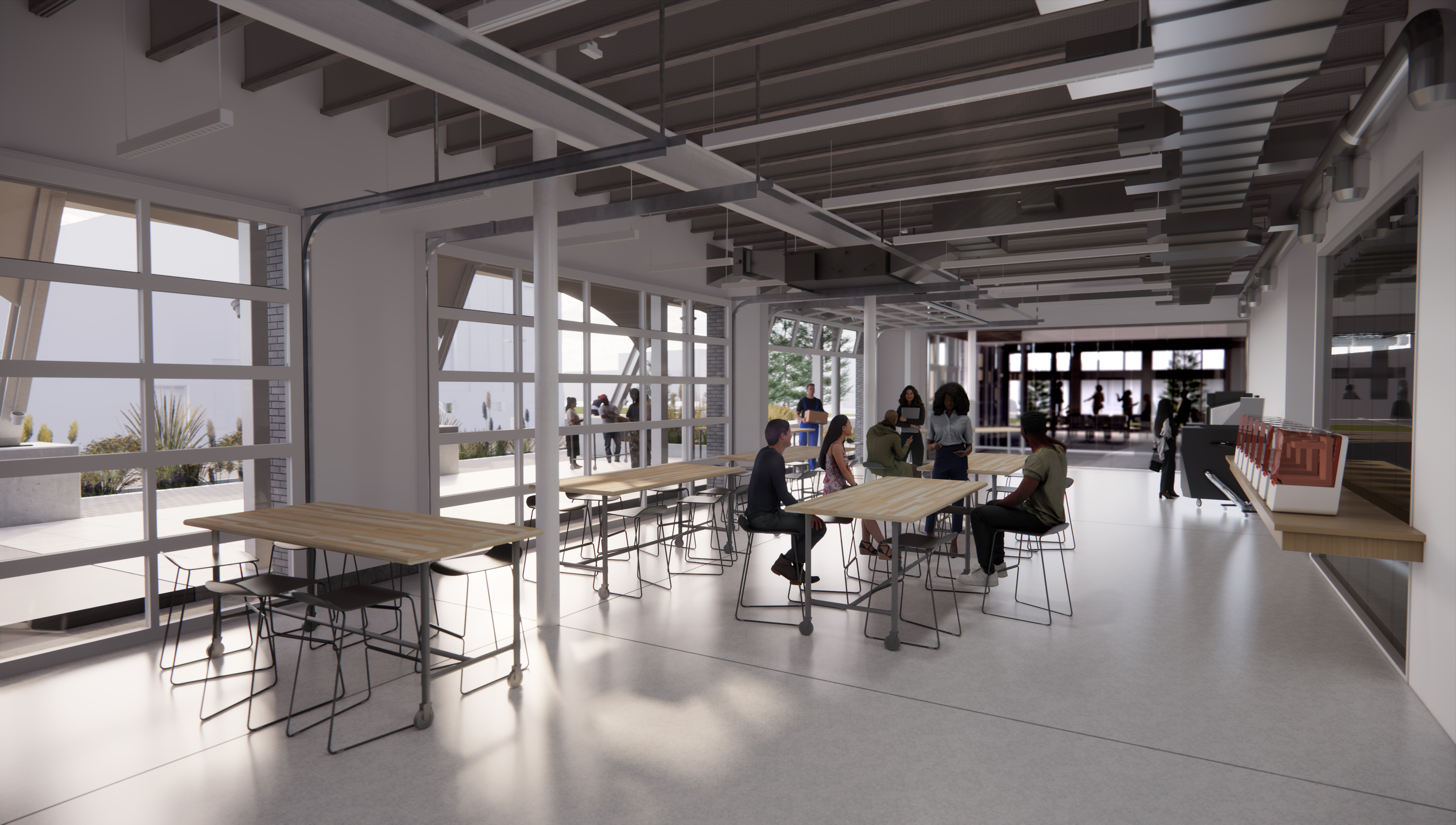 Digital perspective drawing inside a large workspace with two large roll-up garage doors on the left side and a row of 3-D printers on the right side of the room.