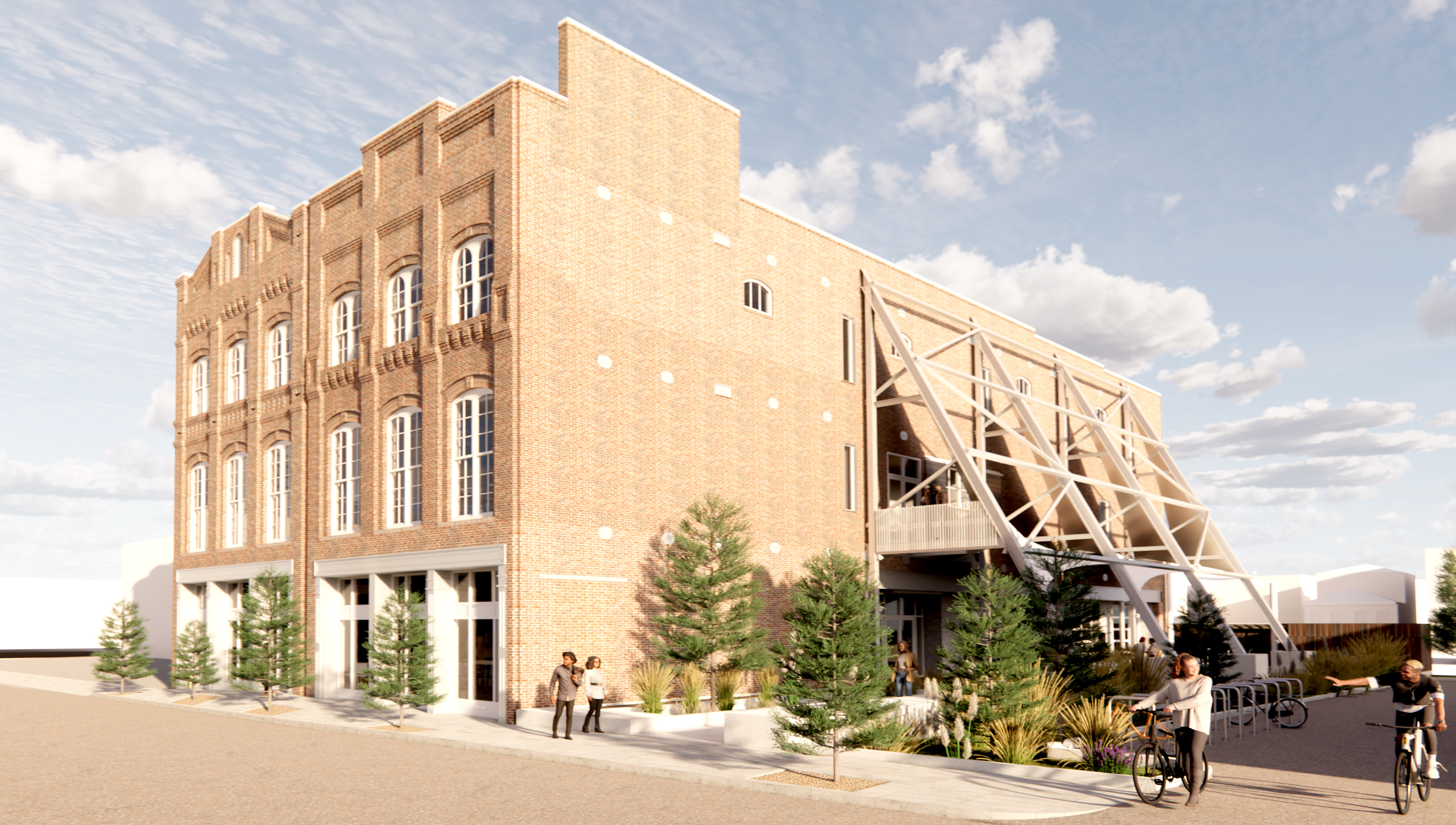 Digital drawing of a perspective render of a street view of a renovated three-story historic building that features four large beams bracing the side of the building.