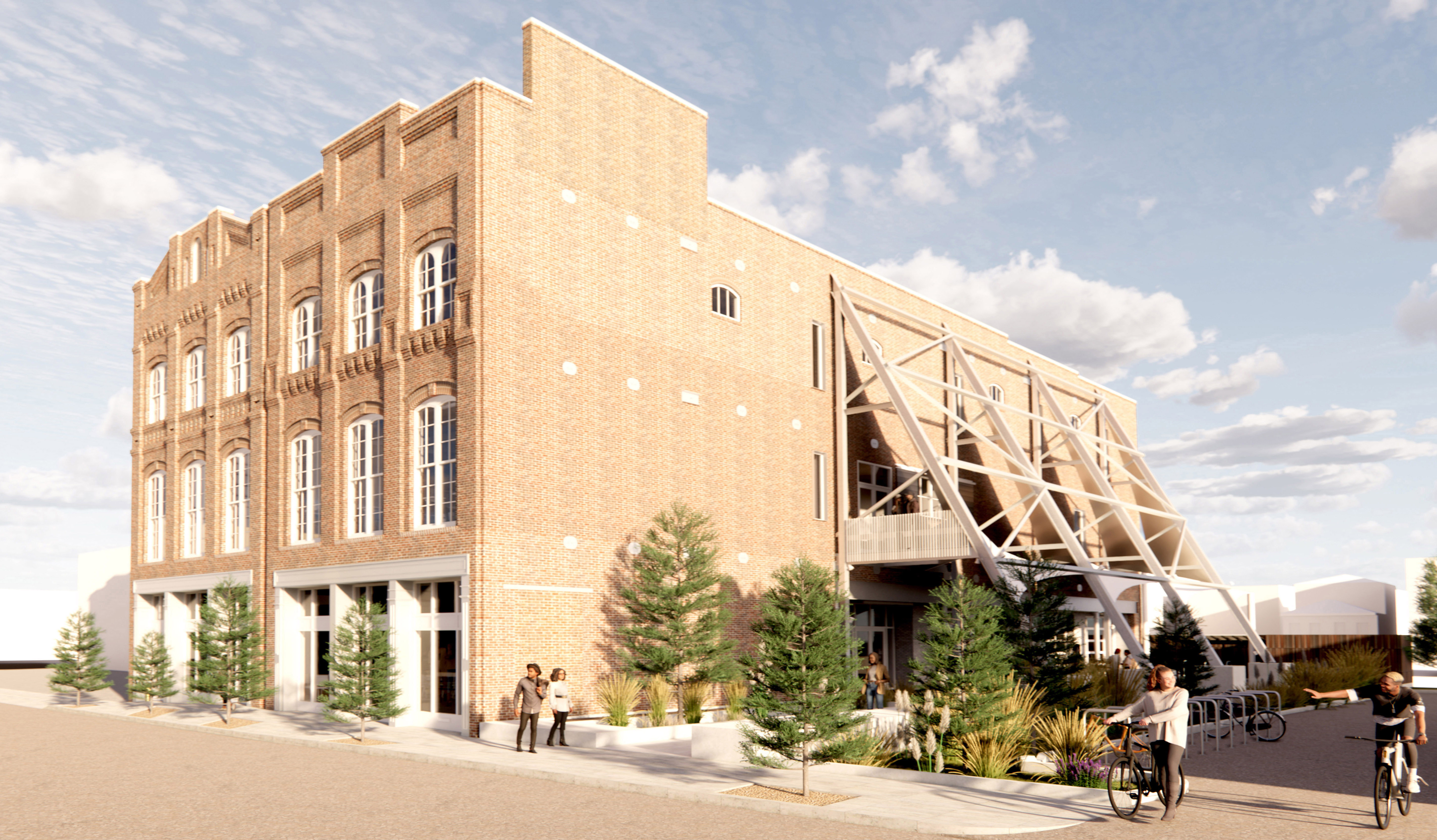 Digital drawing of a perspective render of a street view of a renovated three-story historic building that features four large diagonal beams bracing the side of the building.