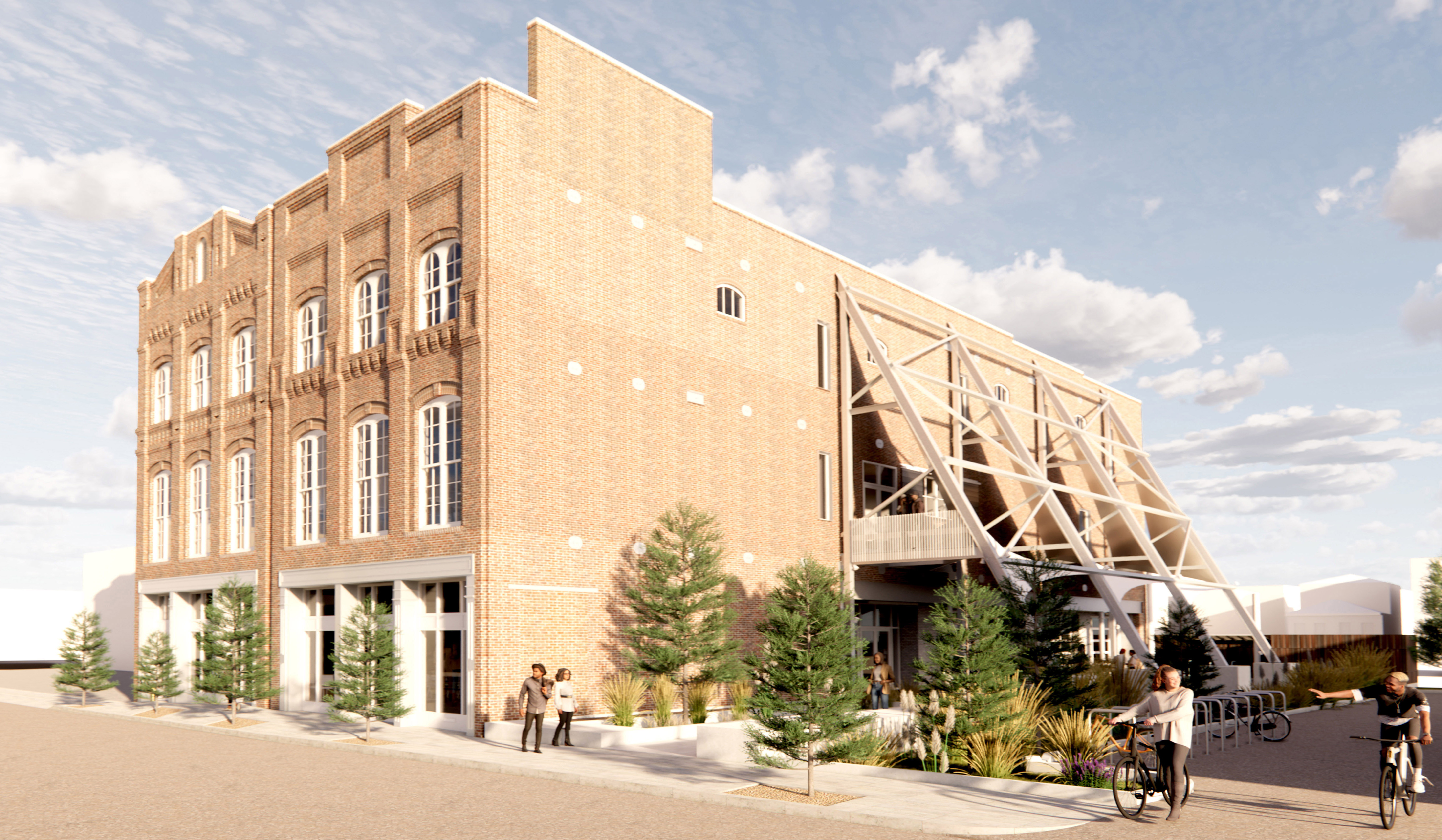 Digital drawing of a perspective render of a street view of a renovated three-story historic building that features four large diagonal beams bracing the side of the building.
