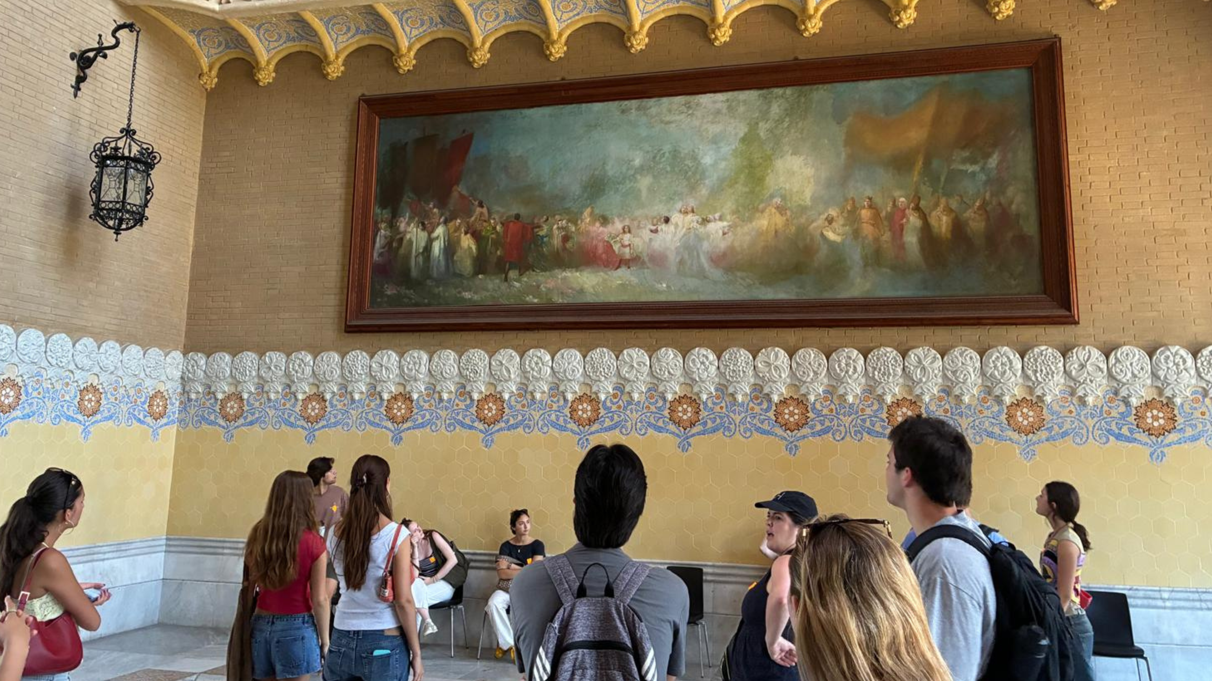 Barcelona trip students looking at the ceiling 