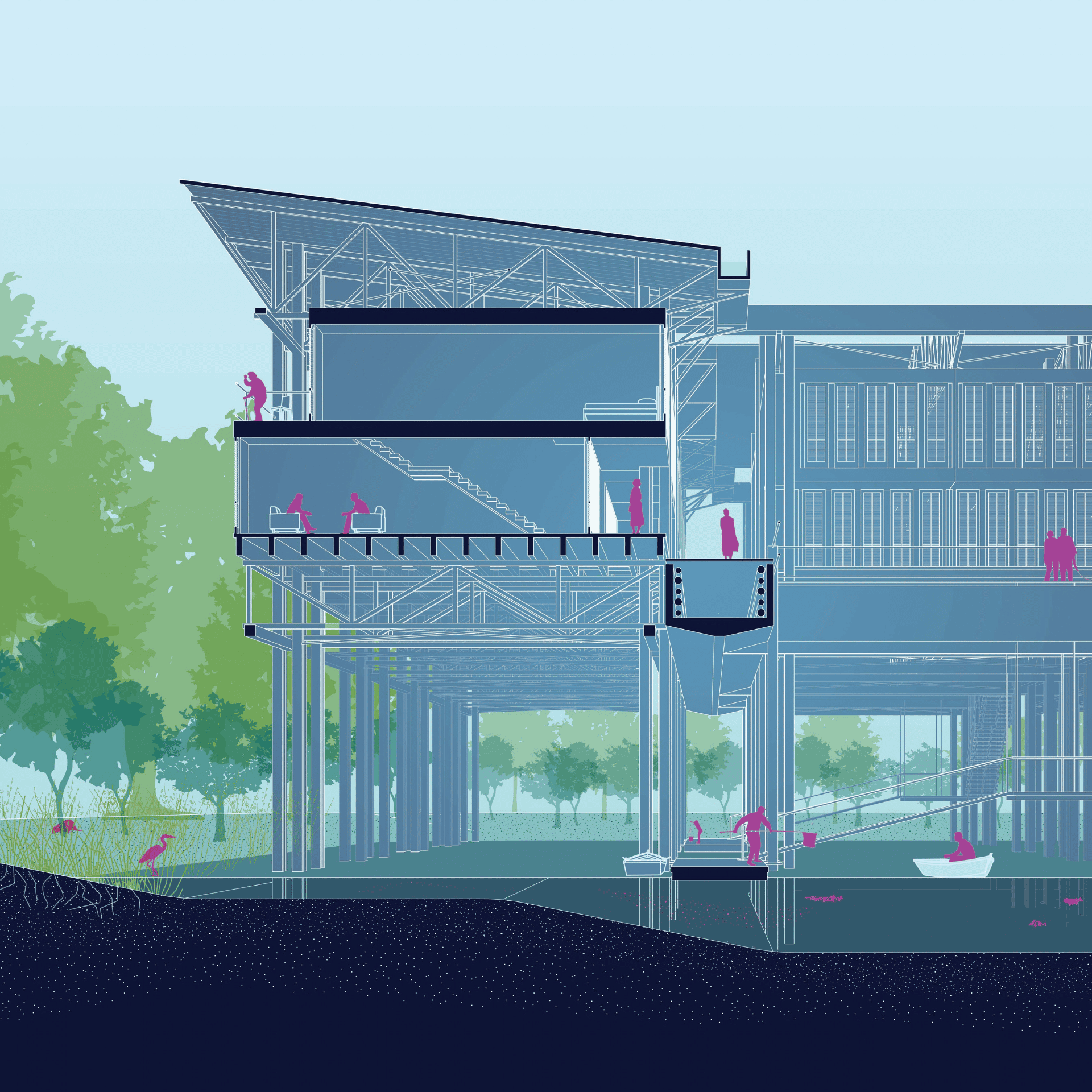 Digital elevation drawing of a multi-story building, elevated on pilings above a water body with lush trees on the left.