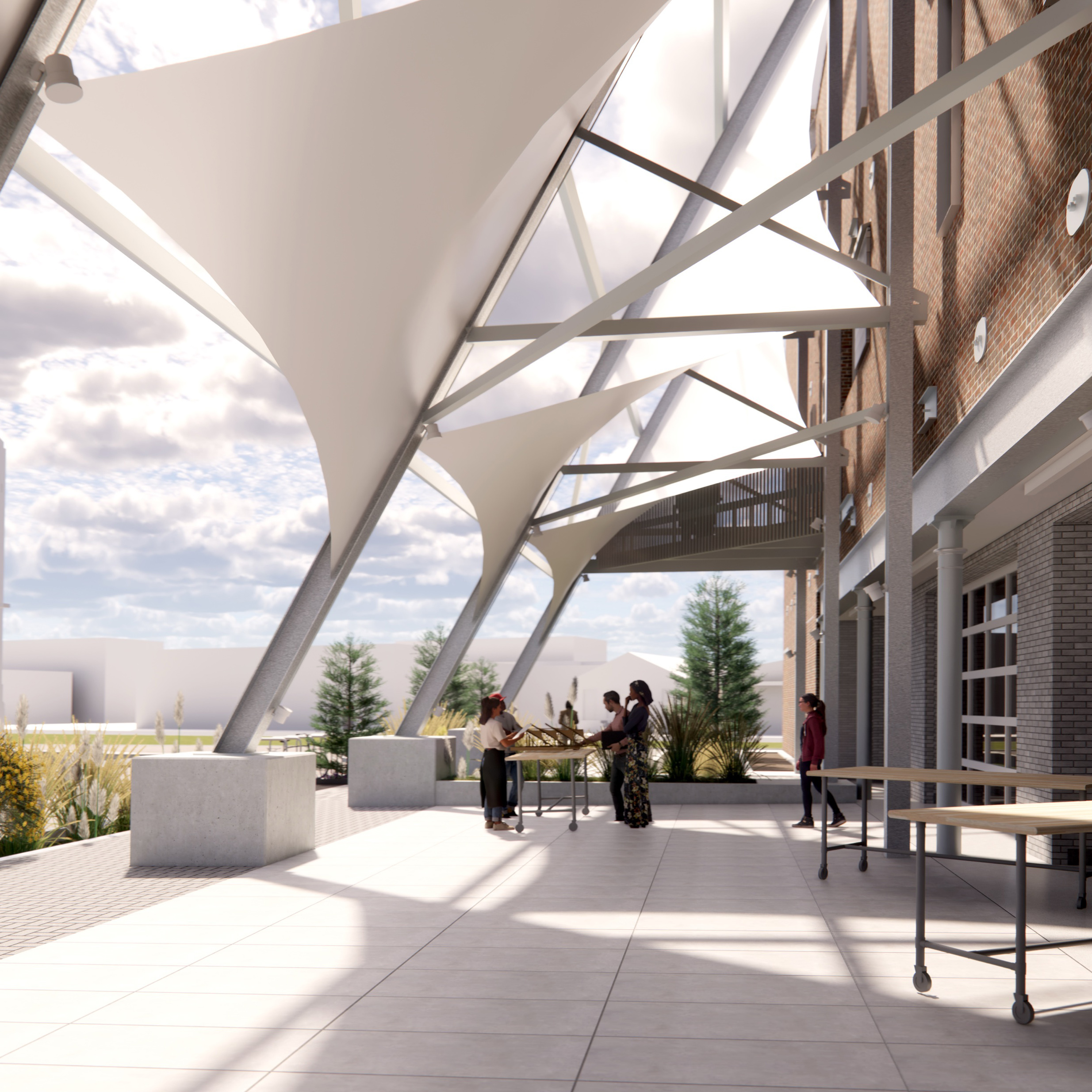 Digital perspective render of a courtyard area outside a renovated historic building, underneath diagonal beams with sails attached that create shade.