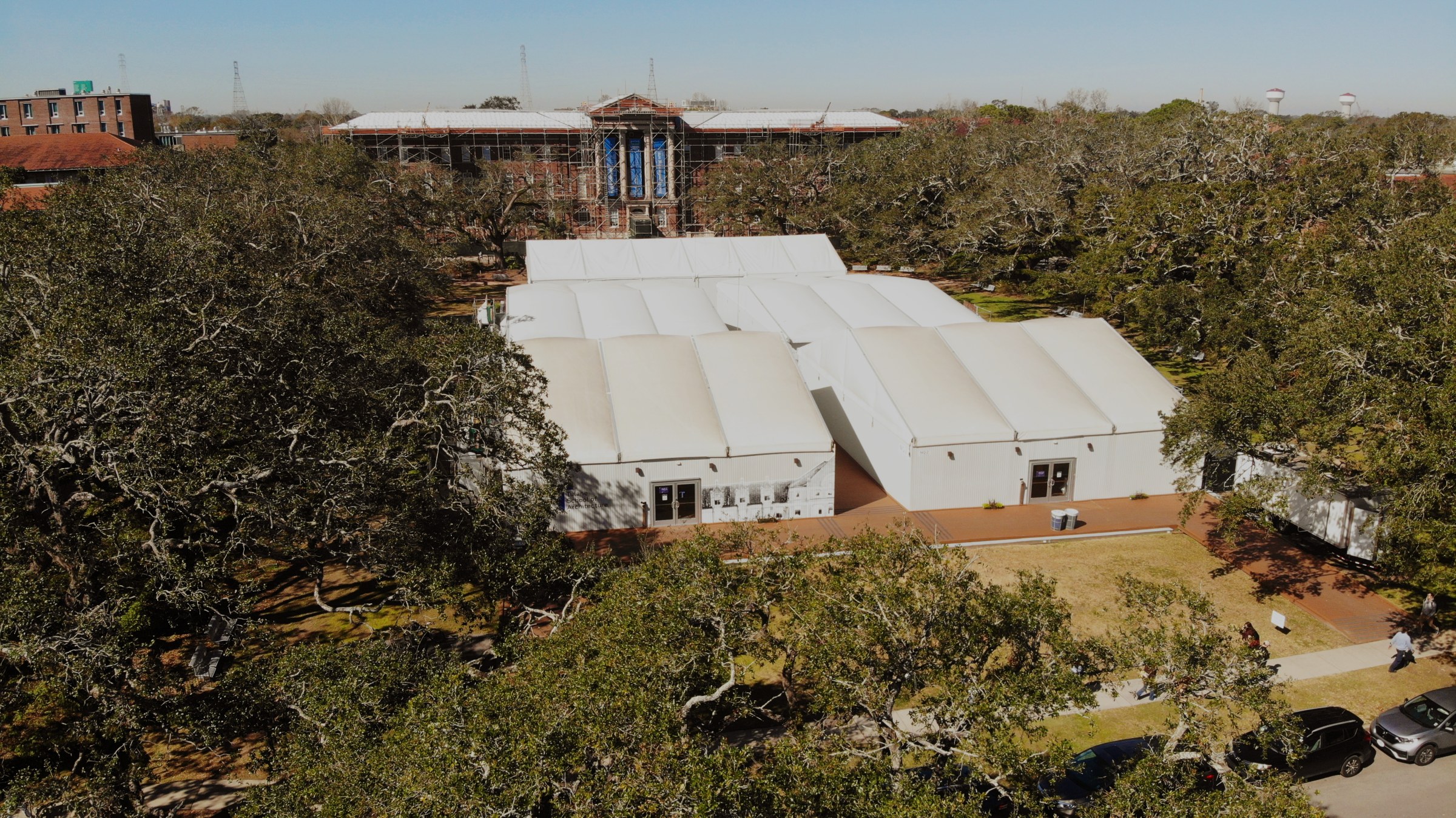 Drone shot of the Newcomb Quad pavilions showing Newcomb Hall in the background.