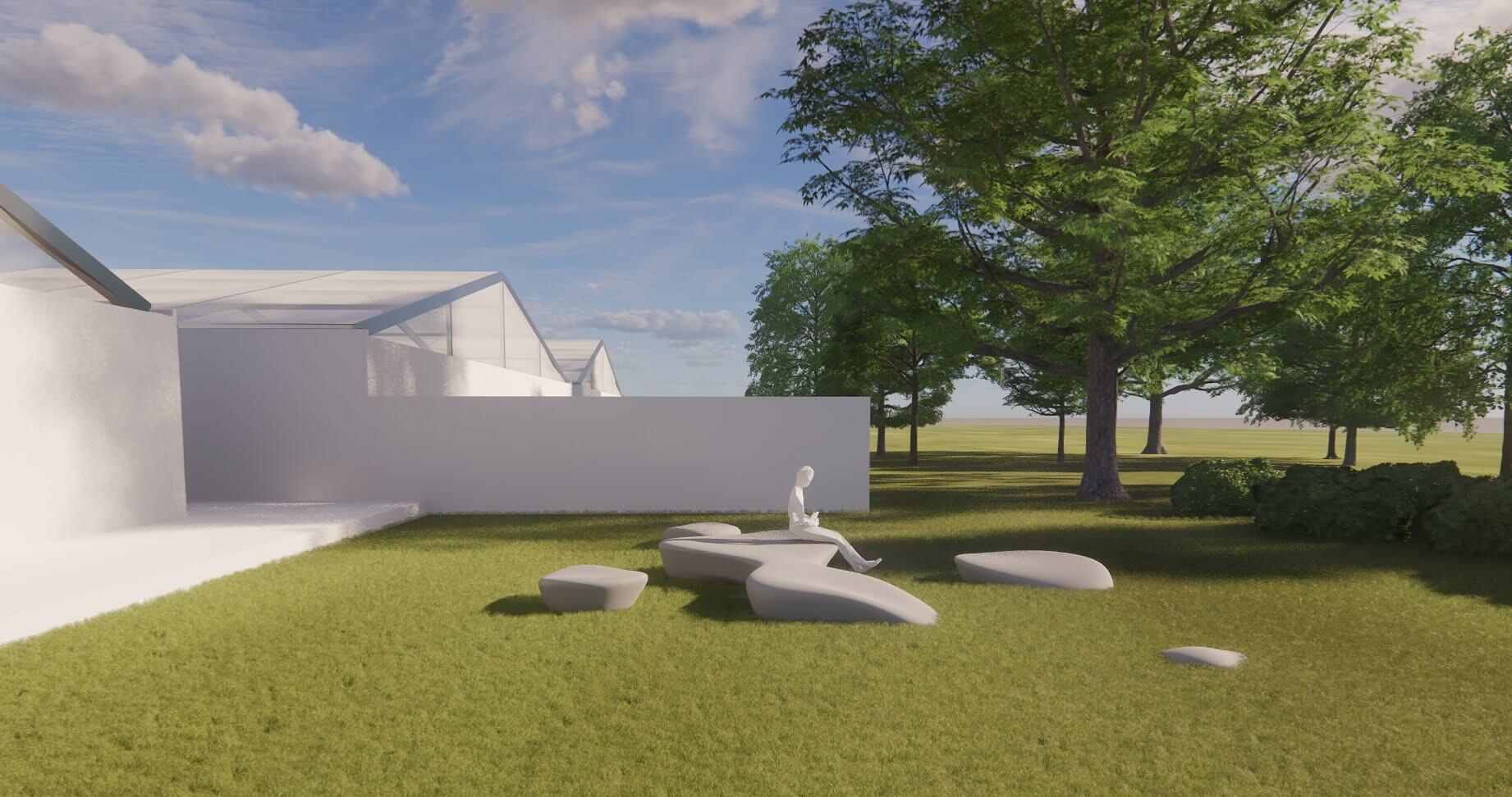 Digital perspective drawing of blob-shaped outdoor seating in a green space with pavilions in background