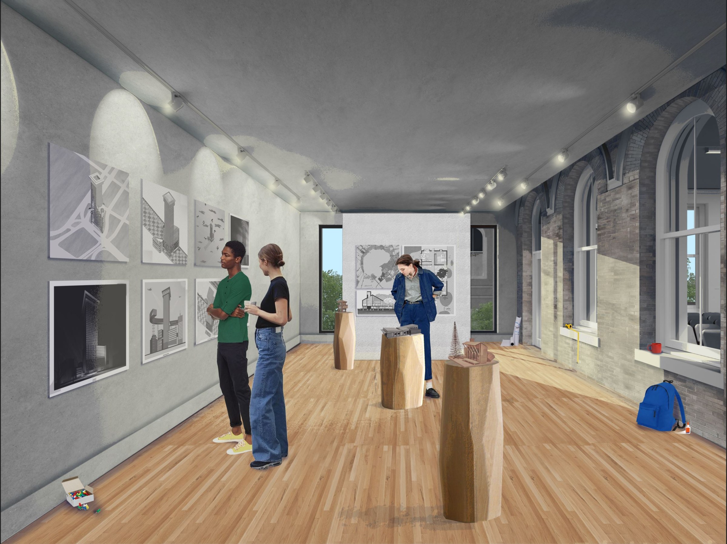 Interior perspective render from one end of a long narrow gallery space looking toward the far end with wall-mounted drawings on the left side, objects on pedestals in the middle, and windows on the right side.
