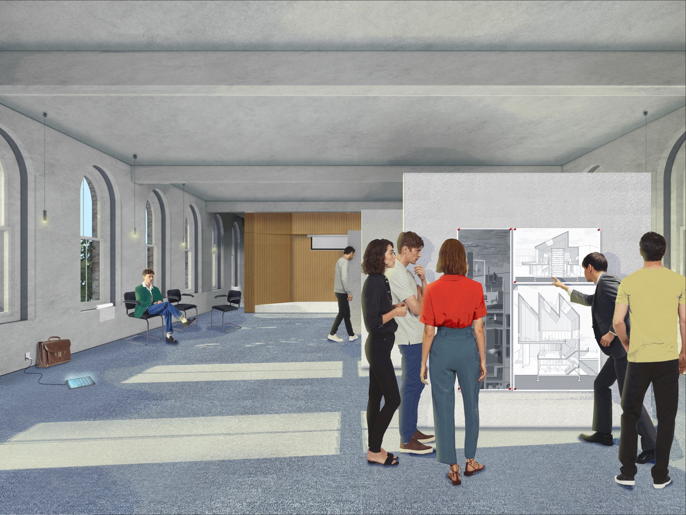 Interior perspective render of a large lecture hall during the day time, looking at the stage from the back of the room with drawings on pinup boards in front of the stage in place of rows of seating