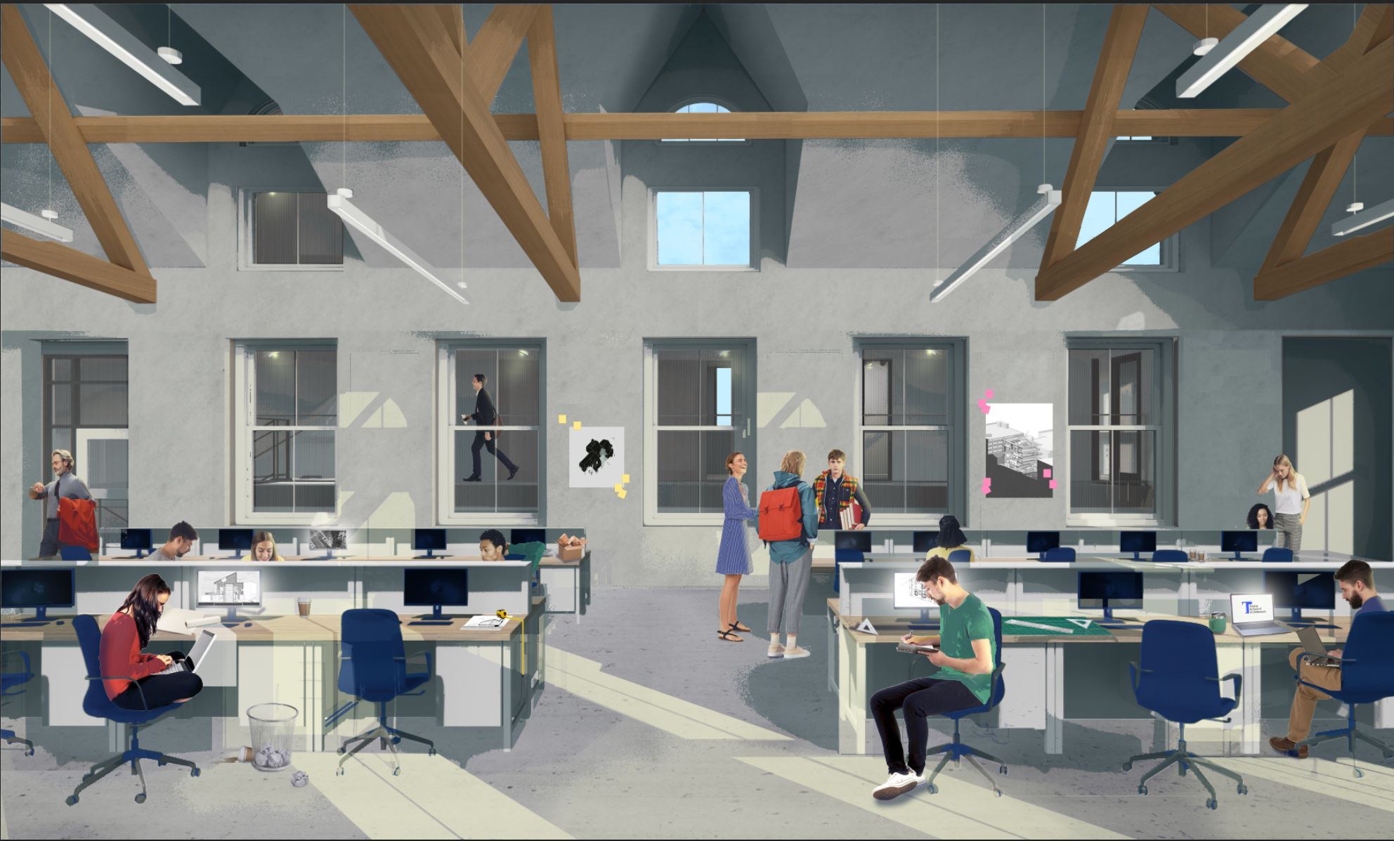 Interior perspective render of studio space with four rows of desk in the foreground, a row of windows in the background, and exposed rafters above in a pitched roof ceiling