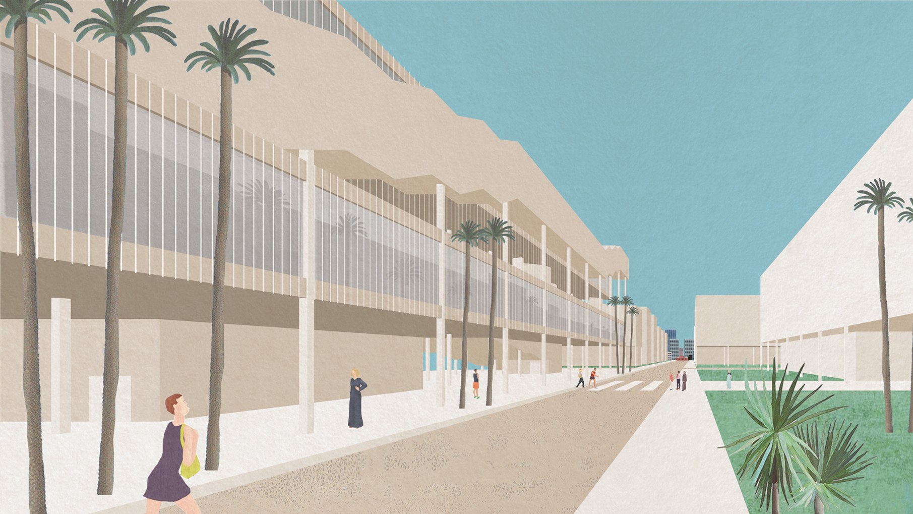digital perspective drawing of a convention center type of building on the left, a street in the middle running from the foreground to the background, and some green space on the right side of the street