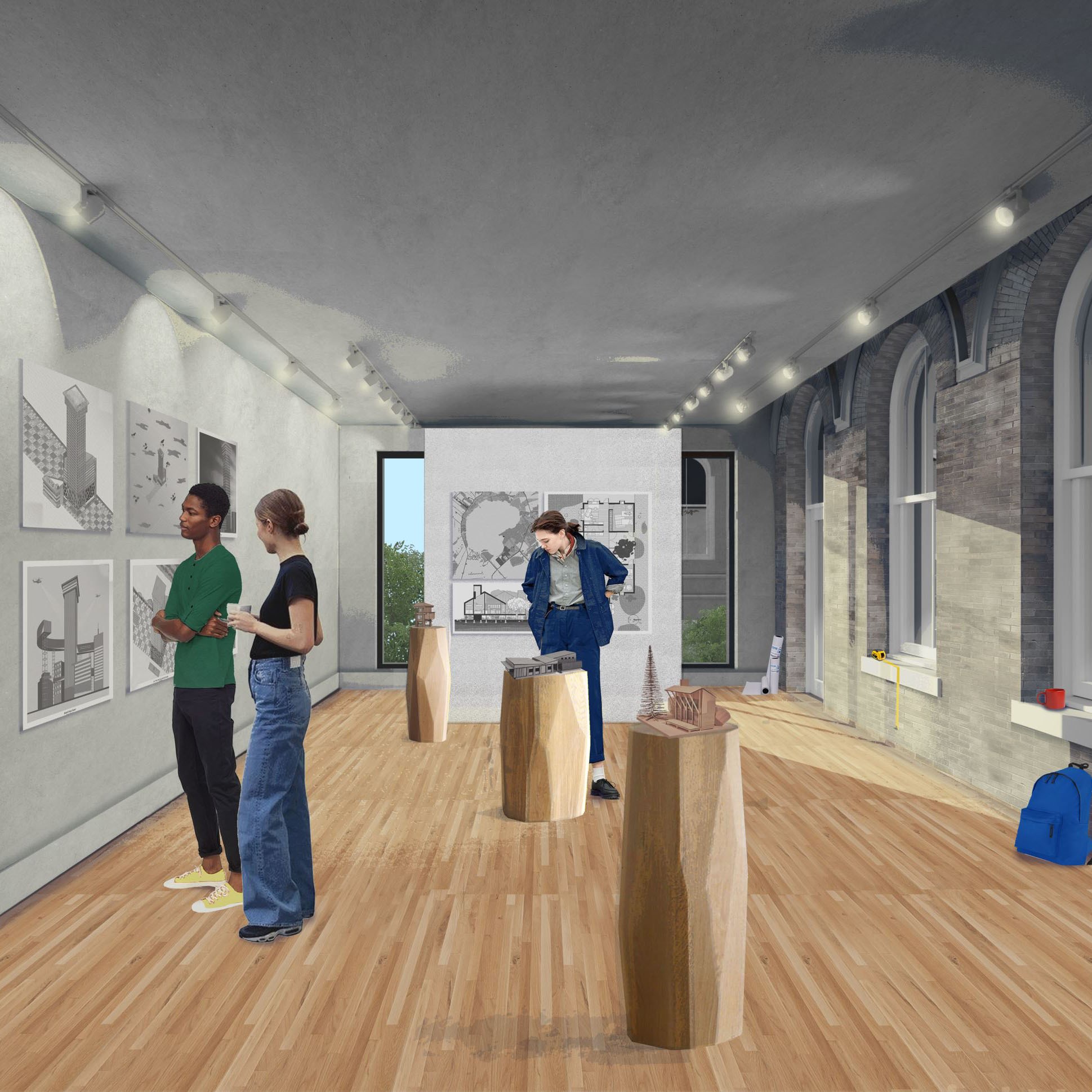 Digital perspective drawing of interior communal space, used for meetings and studio pinups, in the proposed renovation at Richardson Memorial Hall
