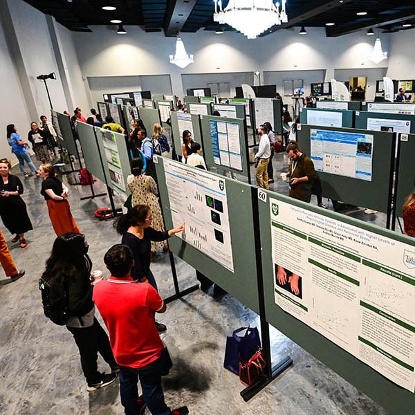 Overhead view inside a large convention floor with people standing, talking and looking at research posters pinned on large display boards