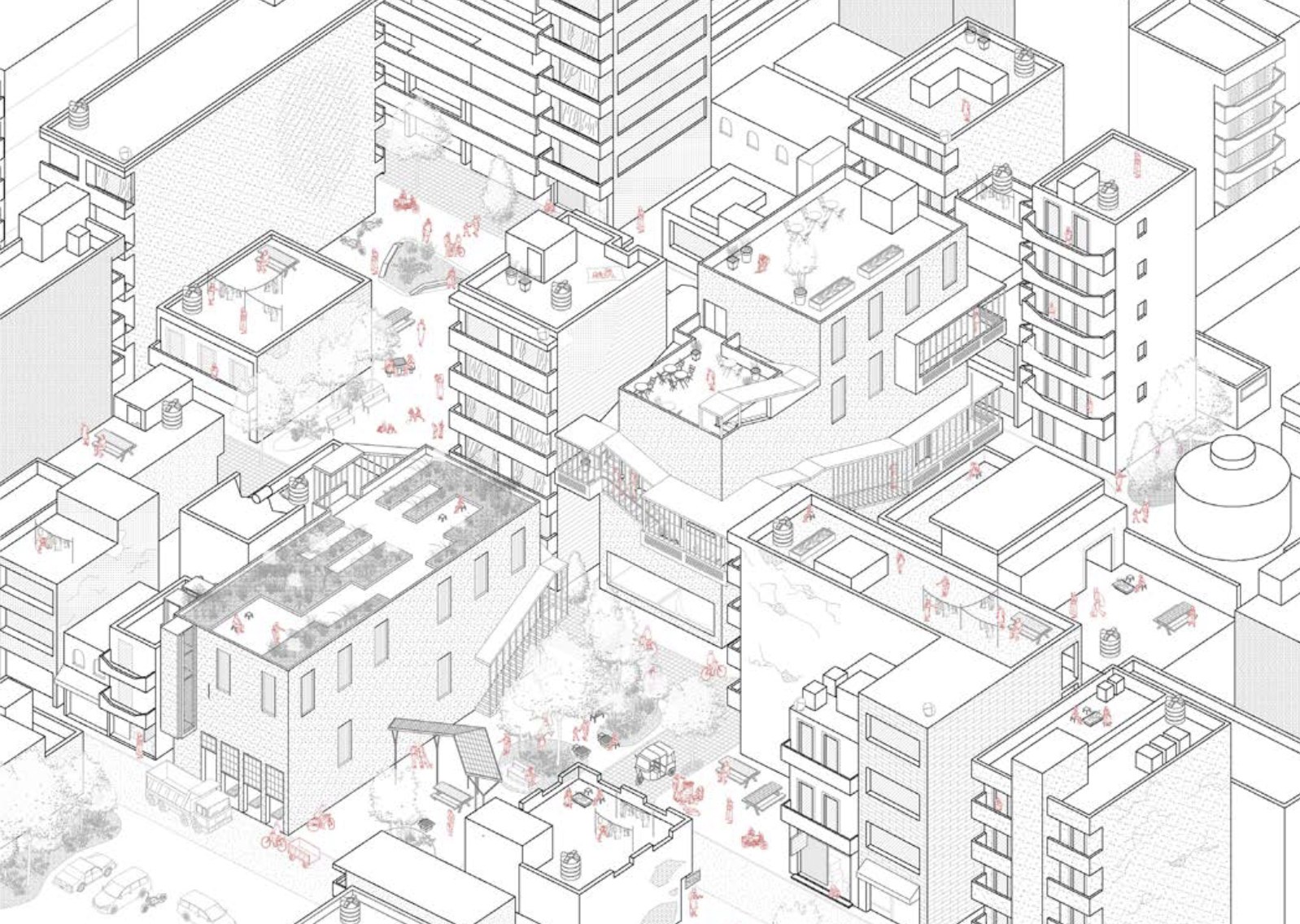 Eliot Moreau's thesis project axonometric render of buildings