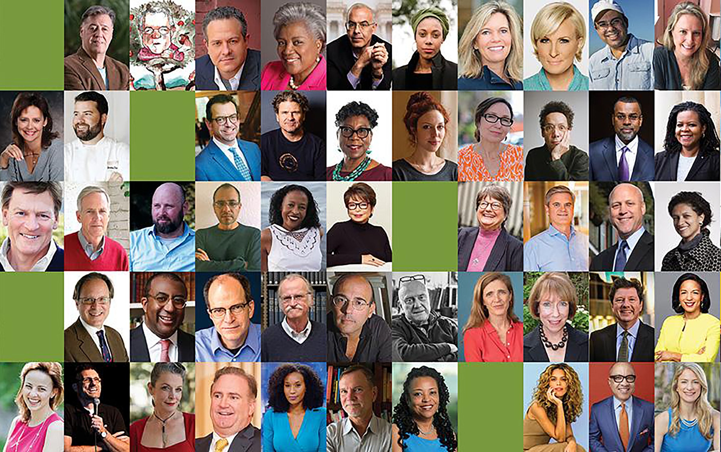Collage of portraits of authors for Book Fest, with green squares in between photos