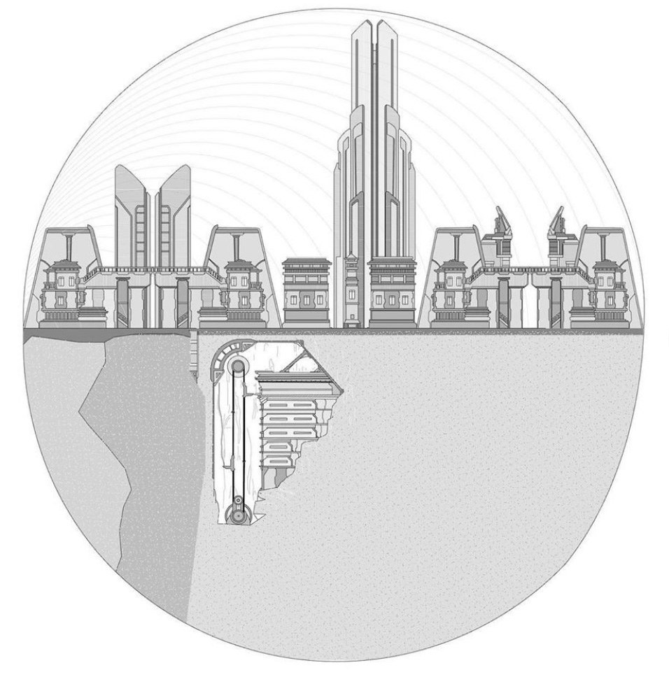 Circle lens showcasing elevation of a model city with underground mechanisms 