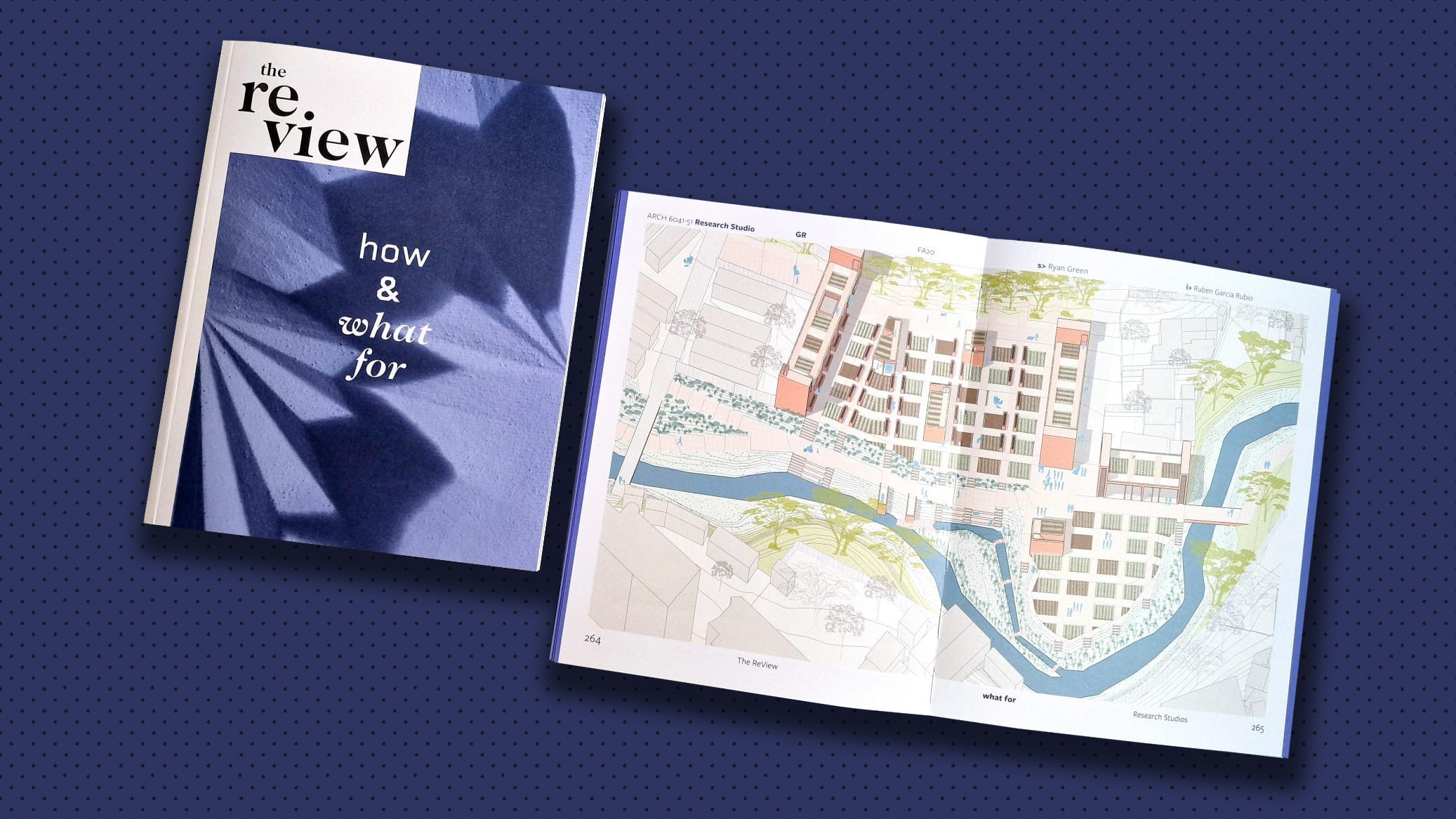 Two copies of The ReView book: left copy is closed showing the cover graphic that says "the review, how & what for"; the right copy is open to a full-page spread of a urban plan drawing showing a curved river, bridges and grid of developed and open land.