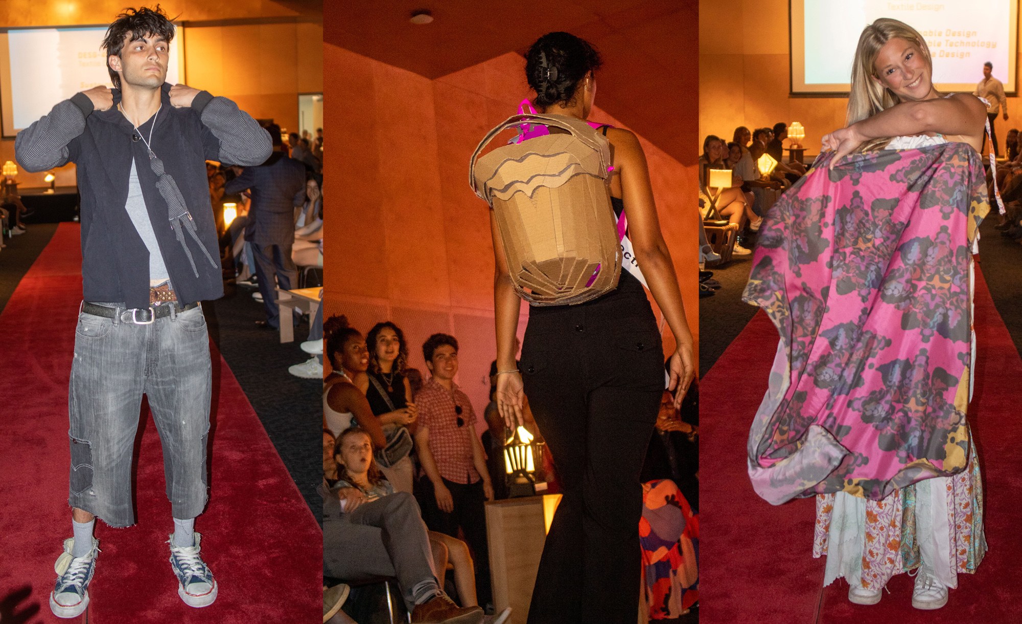 Three photos in a collage with each showing students modeling wearable designs; first a hoodie and denim pant; cardboard shell shaped backpack; and flowery digitally printed scarf
