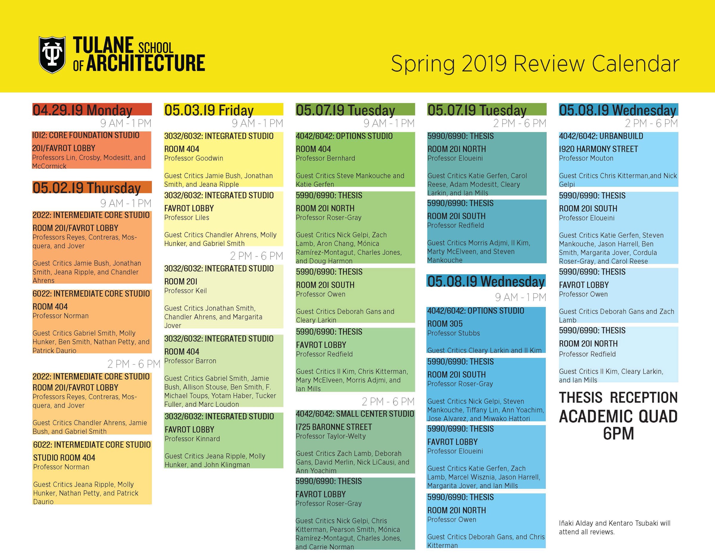 Week calendar color coded displaying final review times