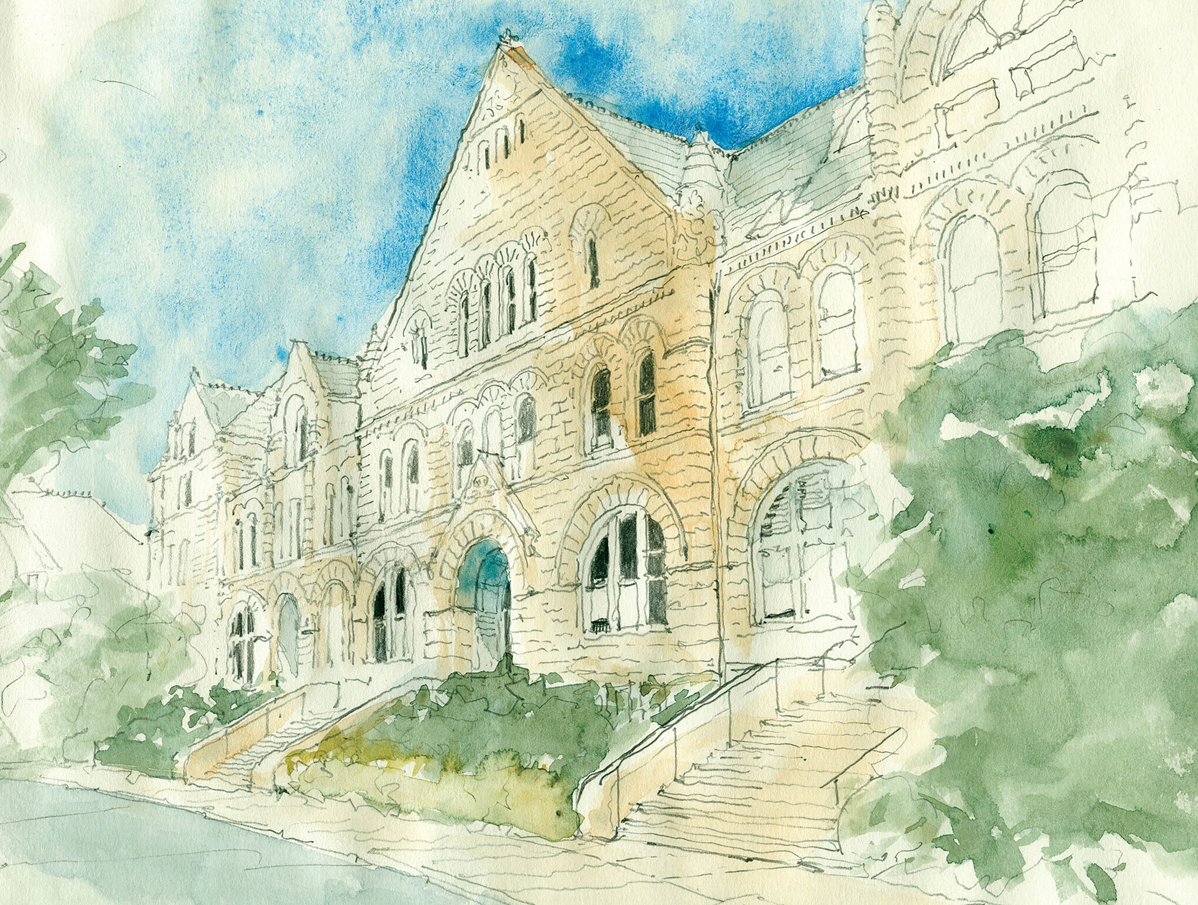 Watercolor sketch of Gibson Hall 