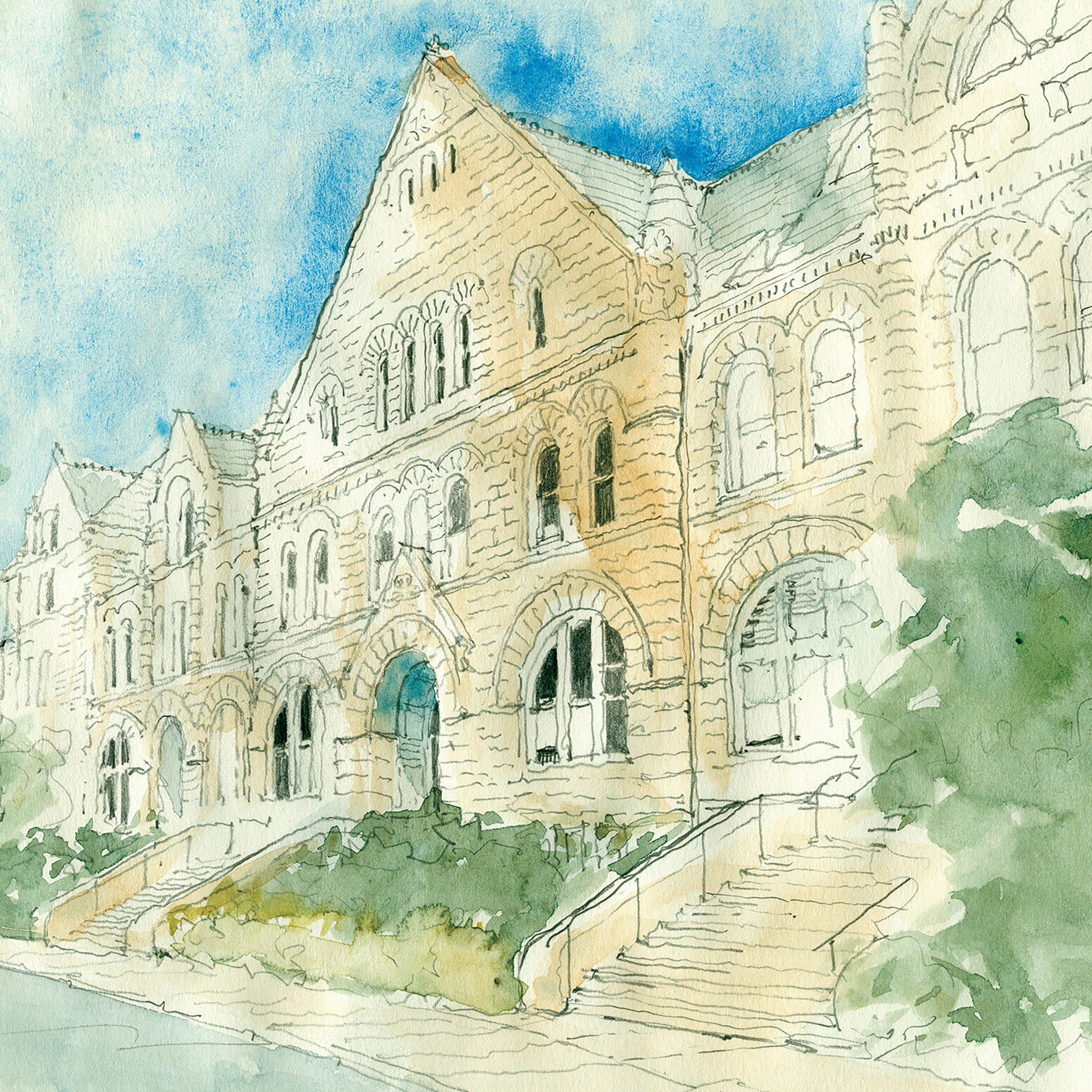 Watercolor sketch of Gibson Hall 