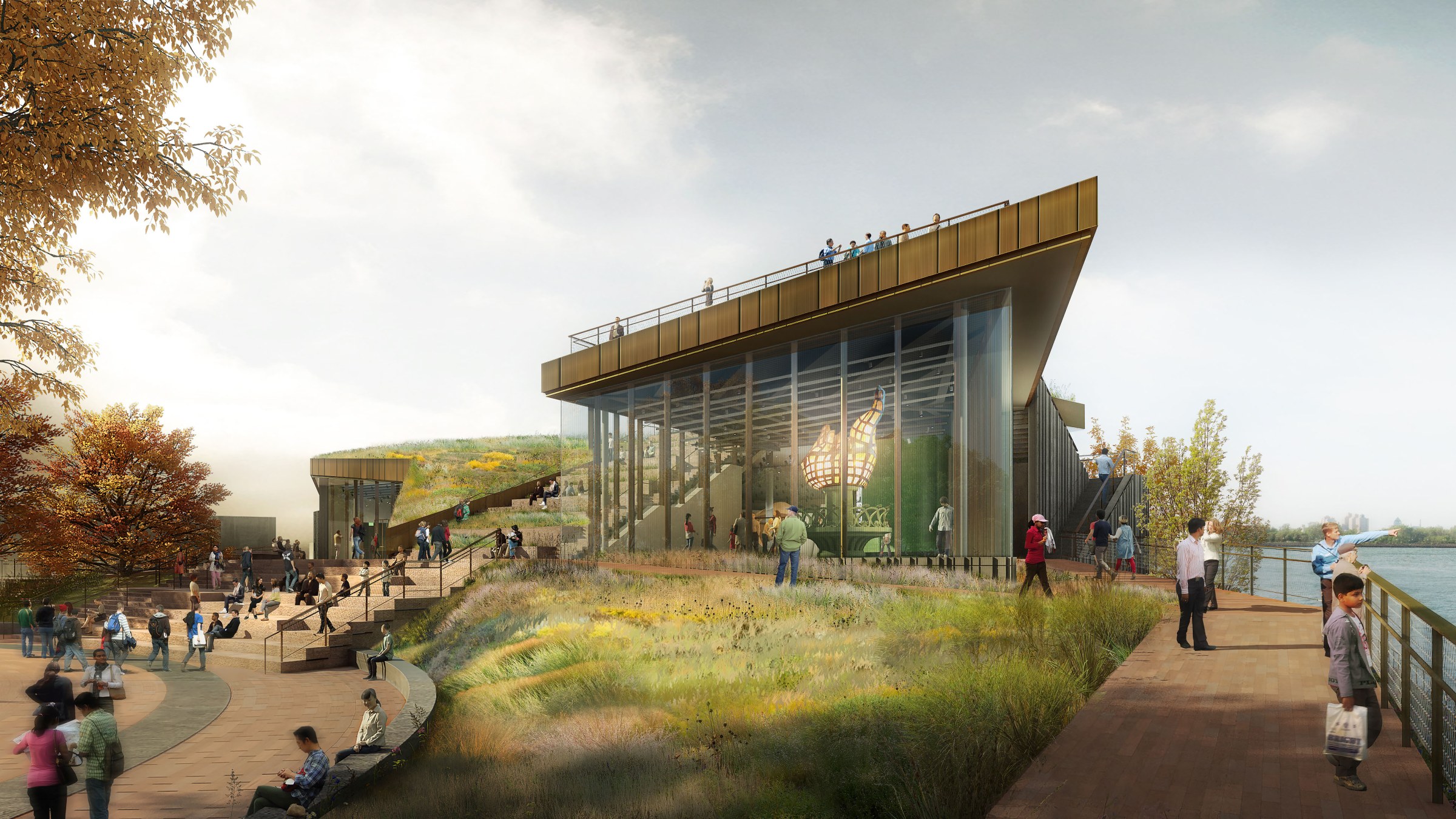 Digital rendering of modern museum with landscaping and walking paths