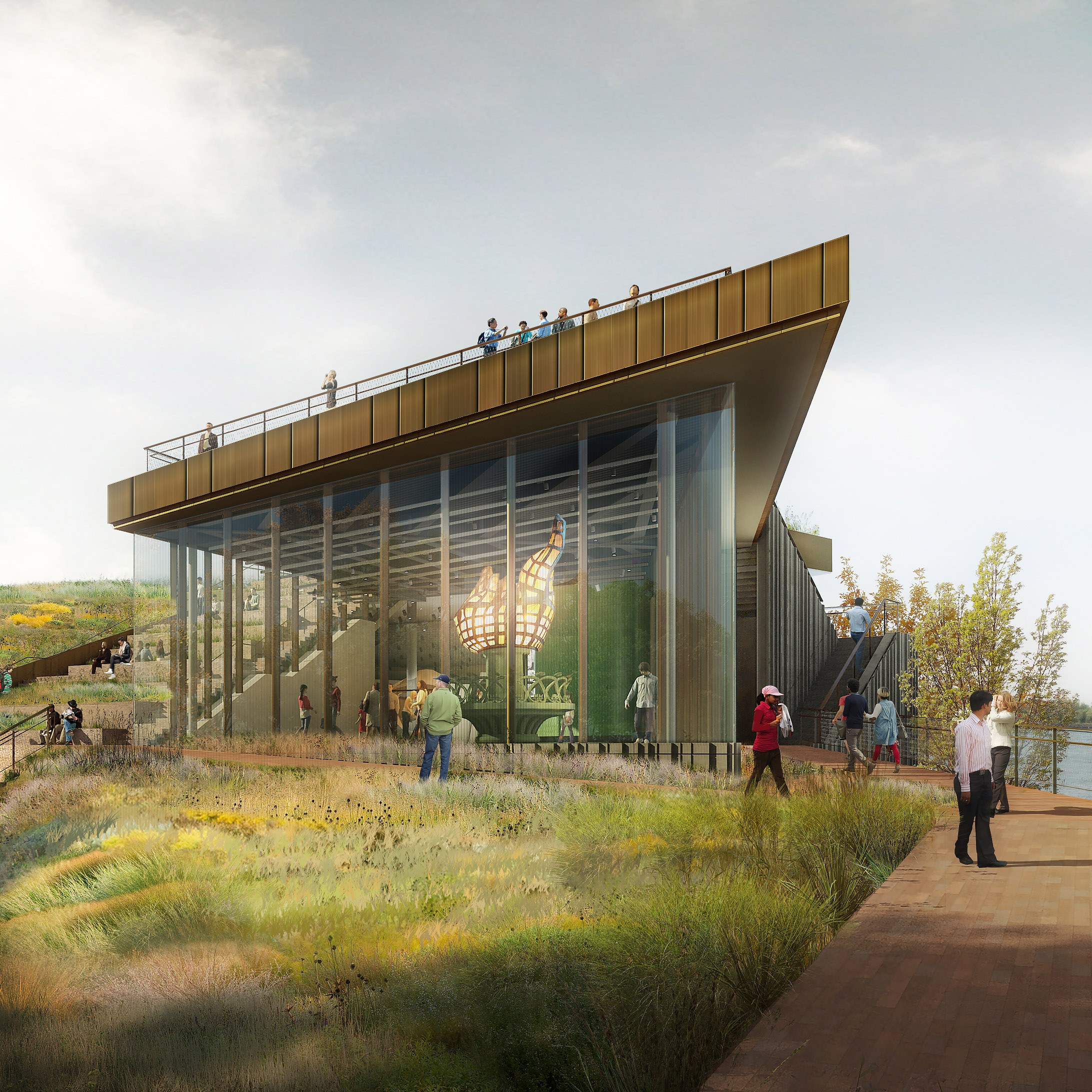 Digital rendering of modern museum with landscaping and walking paths