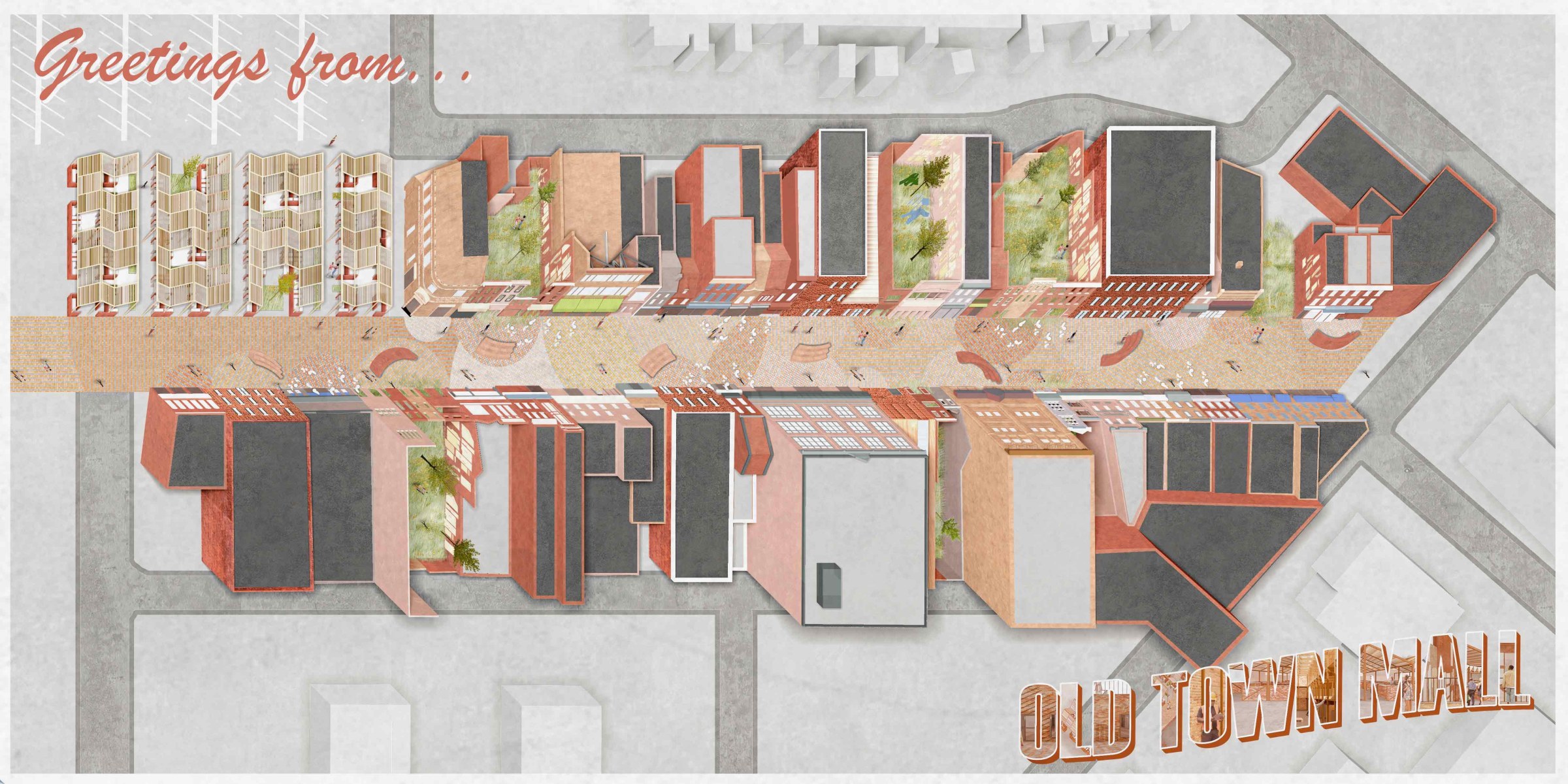 Alex Langley and Sam Spencer's Thesis Project post card plan view of Old Town Mall