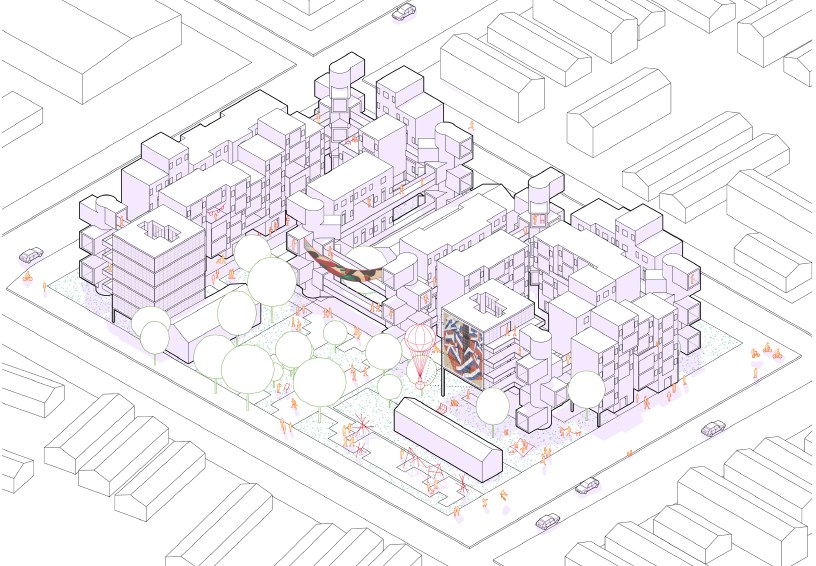 ARCH 2022/6022 Spring 2022 student work: axonometric rendering of buildings