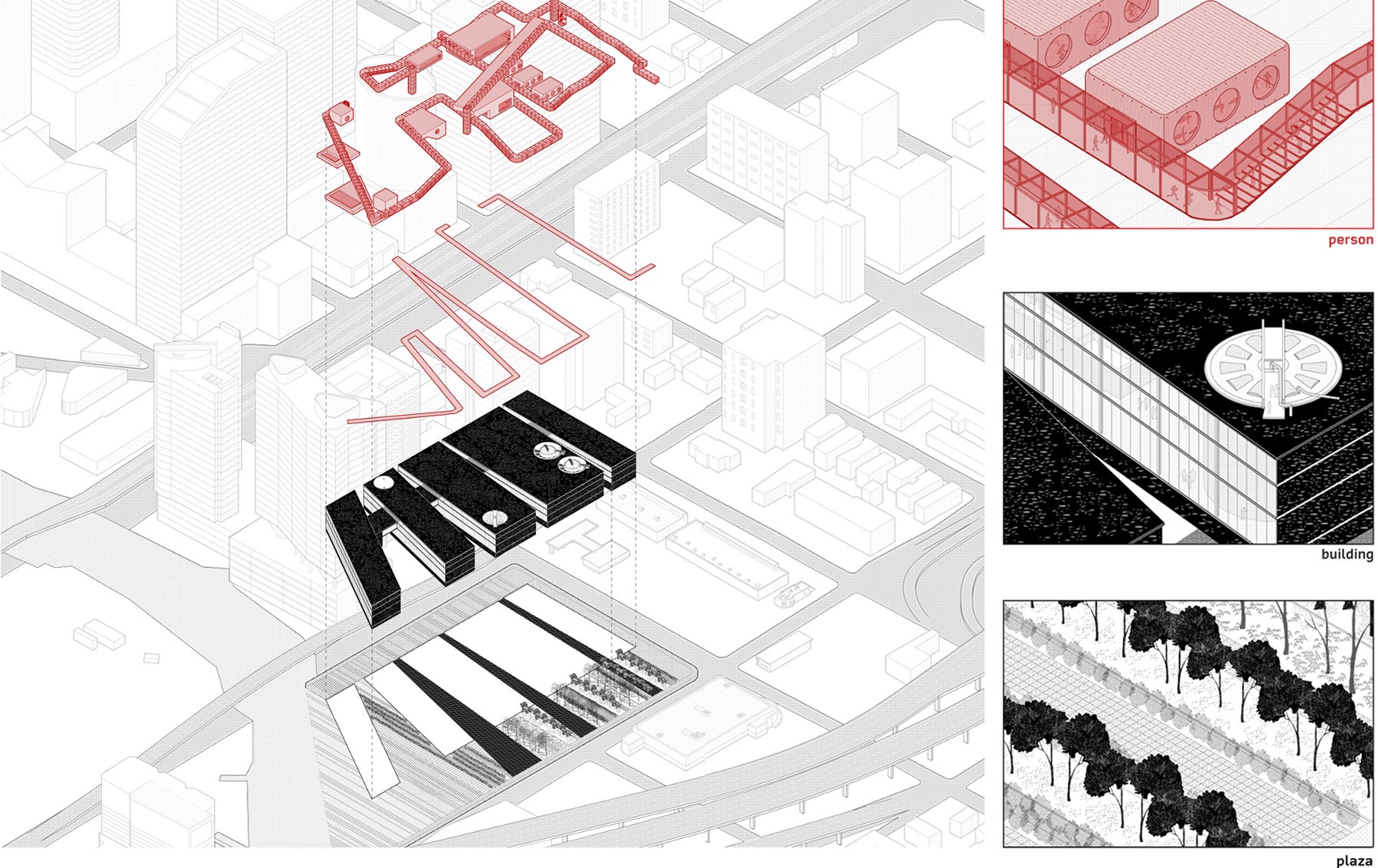 Leah Bohatch and Camille Kreisel's thesis: axonometric view of building with breakdown of building components: person, building, plaza