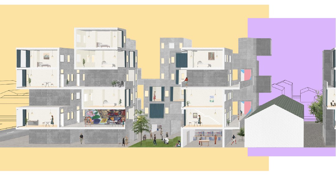 ARCH 2022/6022 Spring 2022 student work: sectional view of buildings