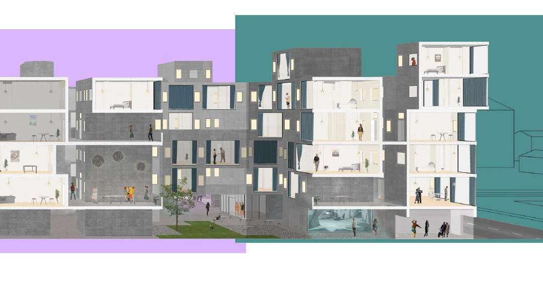 ARCH 2022/6022 Spring 2022 student work: sectional view of buildings