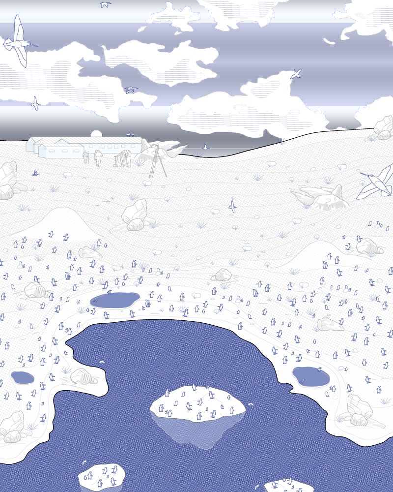 Seth Laskin's Thesis Project: arctic rendering of penguins, ice, and building